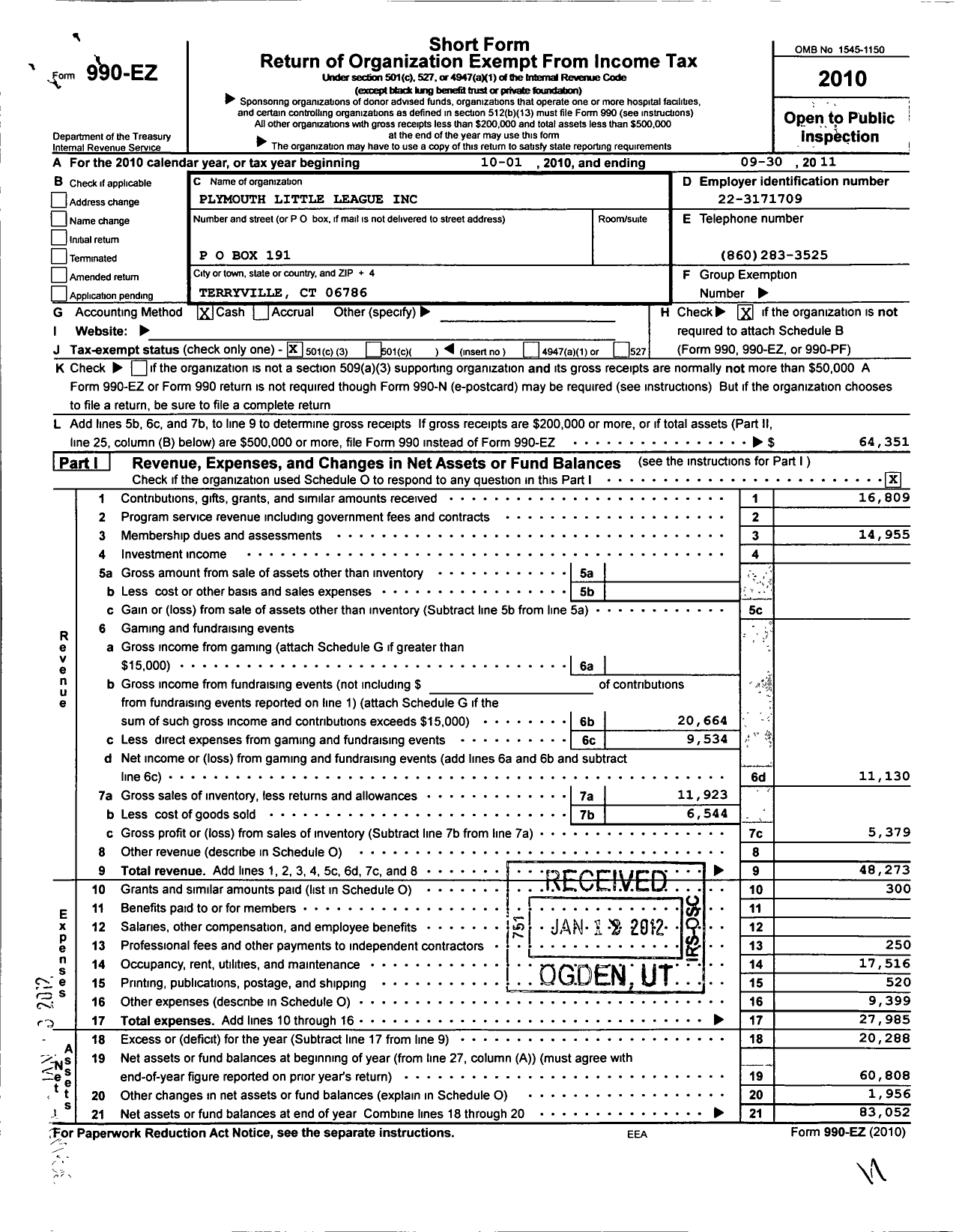 Image of first page of 2010 Form 990EZ for Little League Baseball - 2070614 Plymouth LL