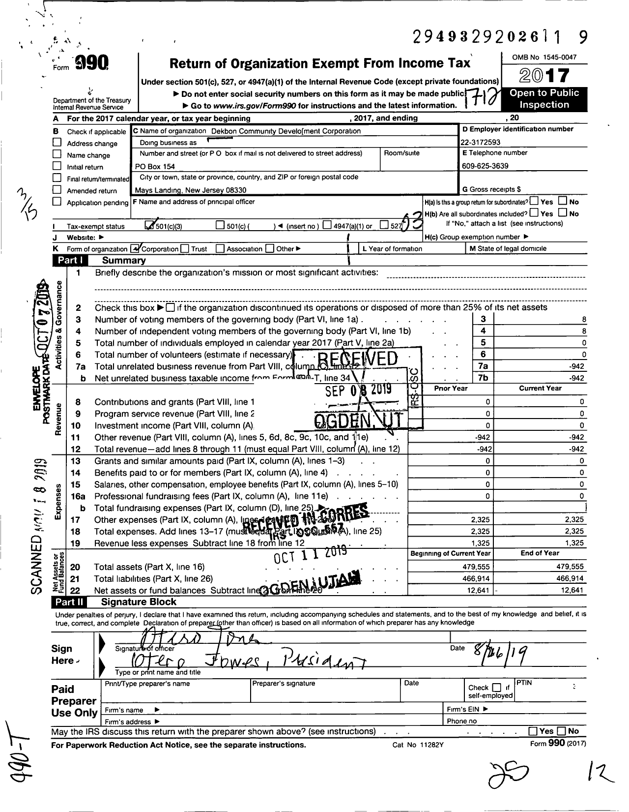 Image of first page of 2017 Form 990 for Dekbon Community Development Corporation