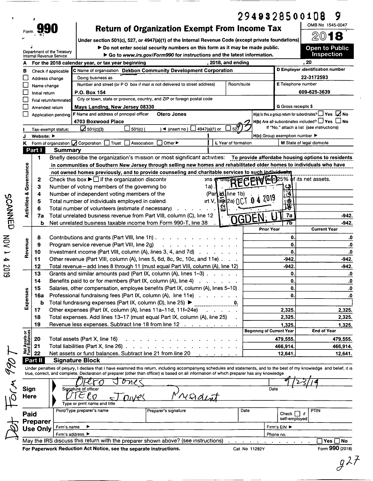 Image of first page of 2018 Form 990 for Dekbon Community Development Corporation