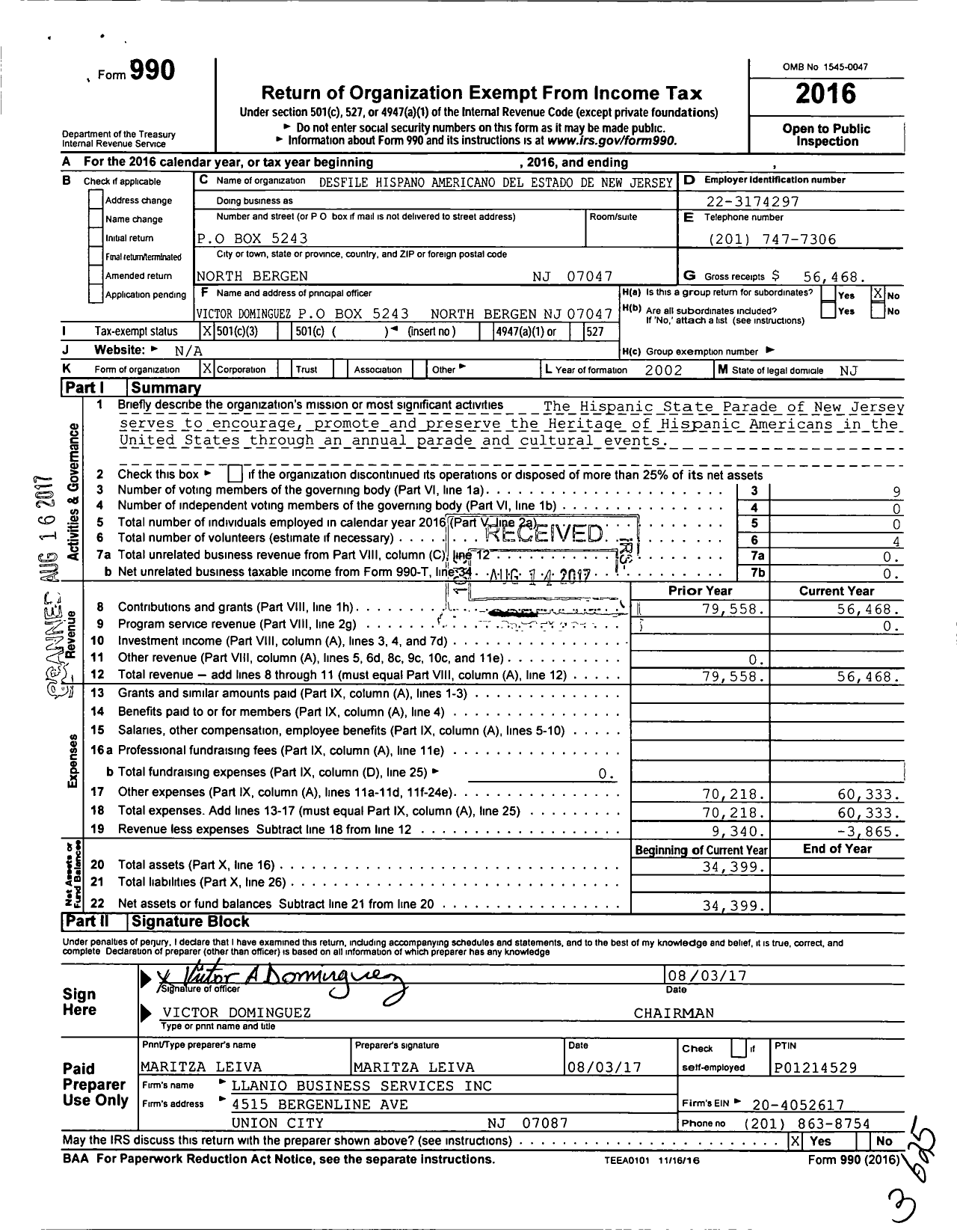 Image of first page of 2016 Form 990 for Desfile Hispano Americano Del Estado de New Jersey