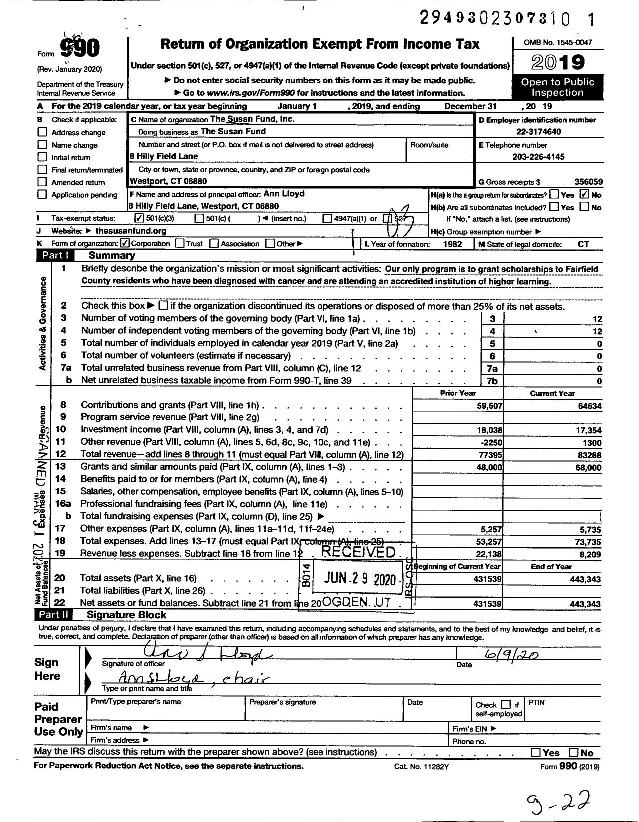 Image of first page of 2019 Form 990 for The Susan Fund