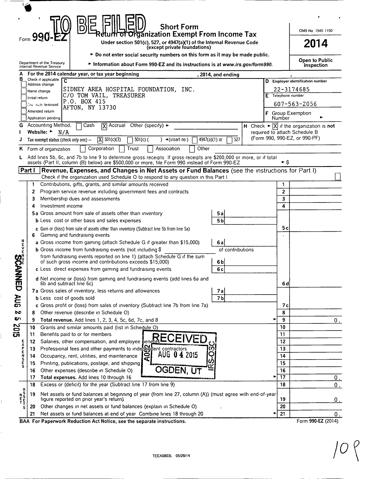 Image of first page of 2014 Form 990EZ for Sidney Area Hospital Foundation