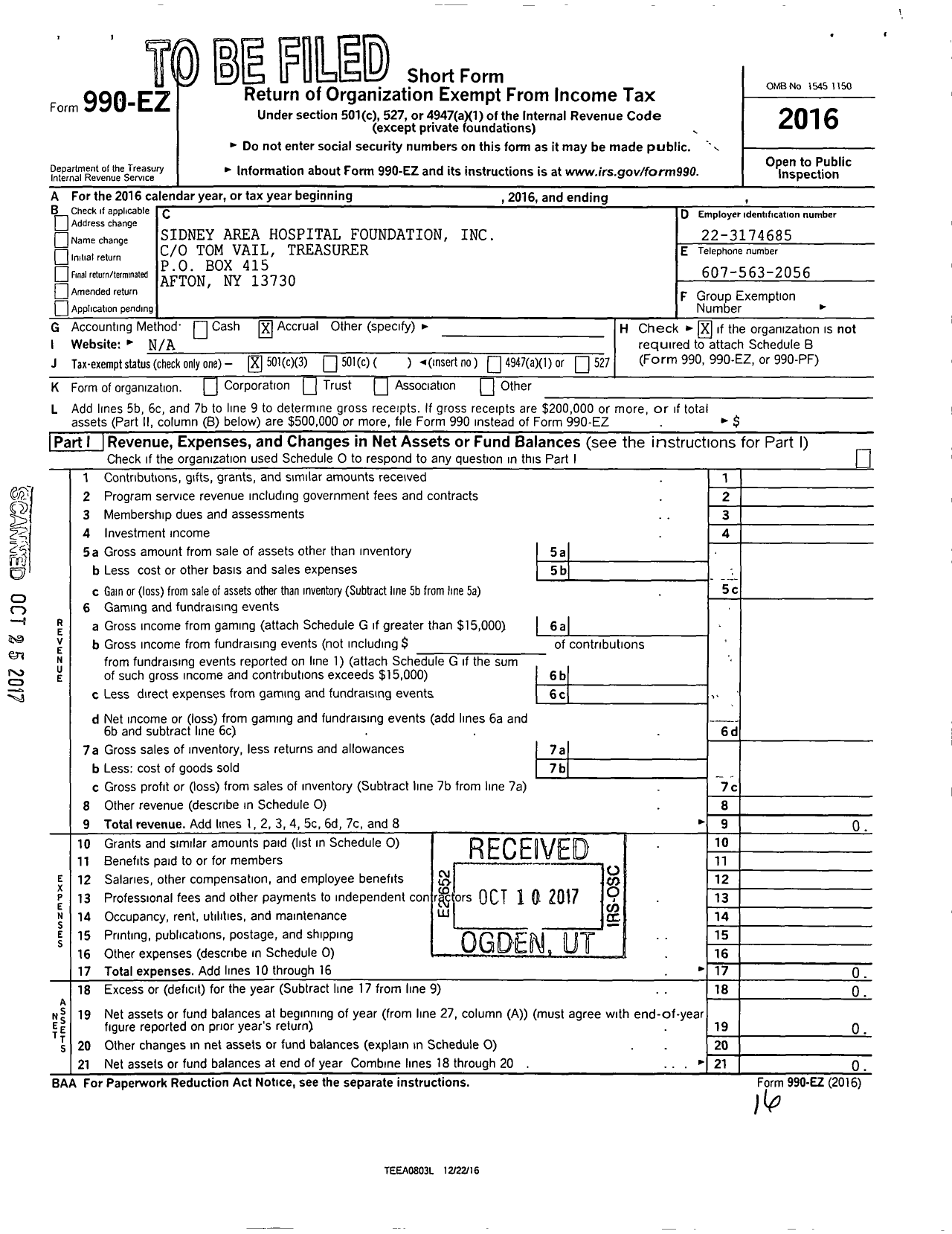 Image of first page of 2016 Form 990EZ for Sidney Area Hospital Foundation