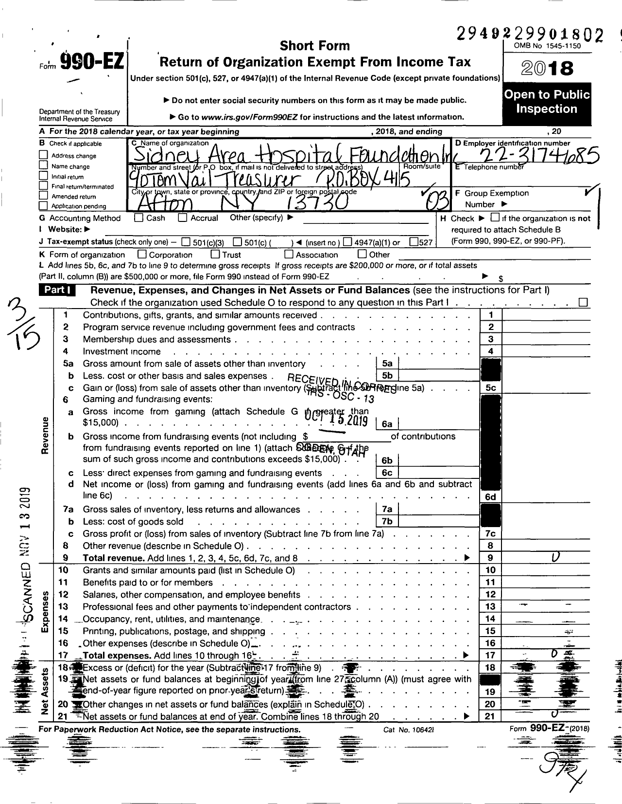 Image of first page of 2018 Form 990EZ for Sidney Area Hospital Foundation