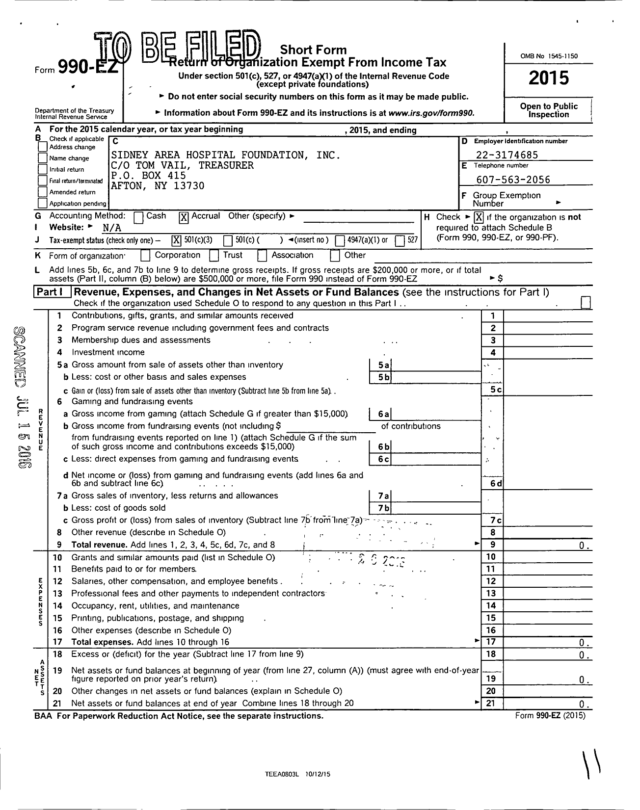 Image of first page of 2015 Form 990EZ for Sidney Area Hospital Foundation