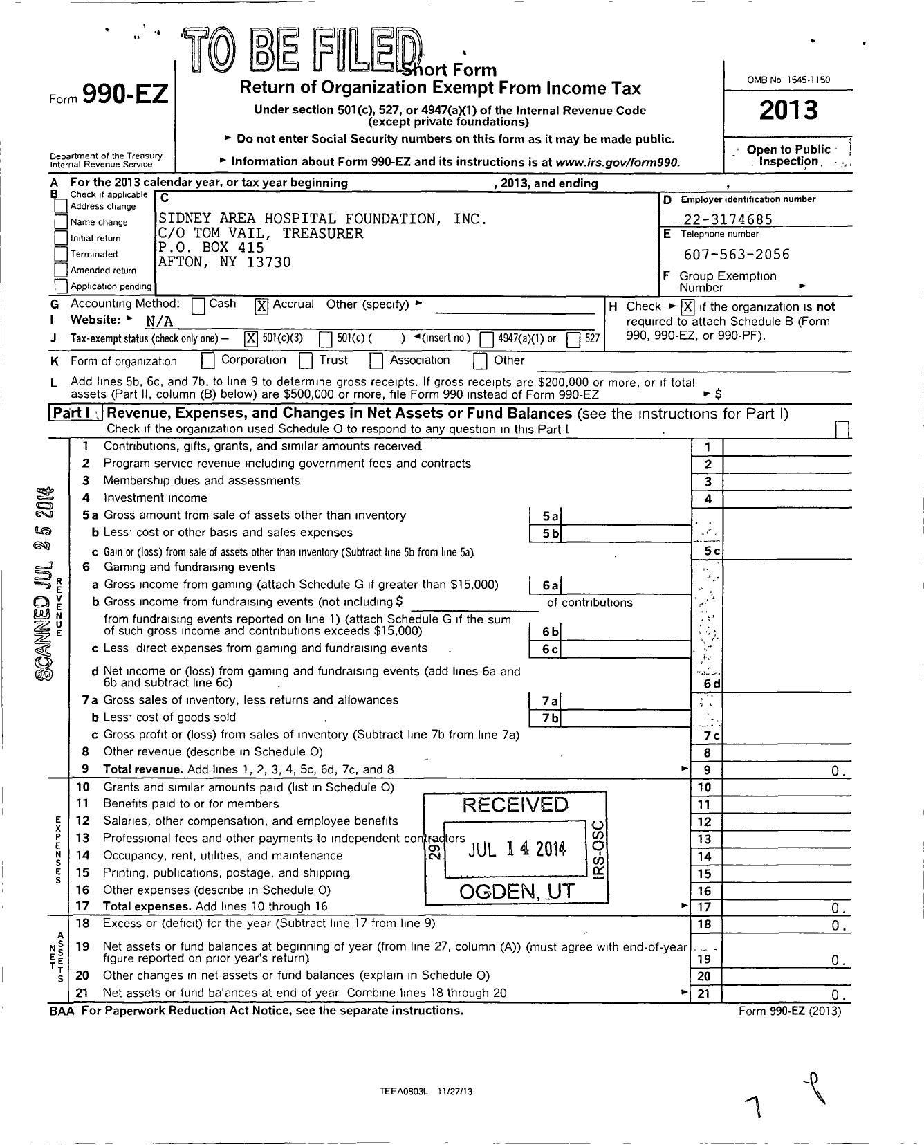 Image of first page of 2013 Form 990EZ for Sidney Area Hospital Foundation