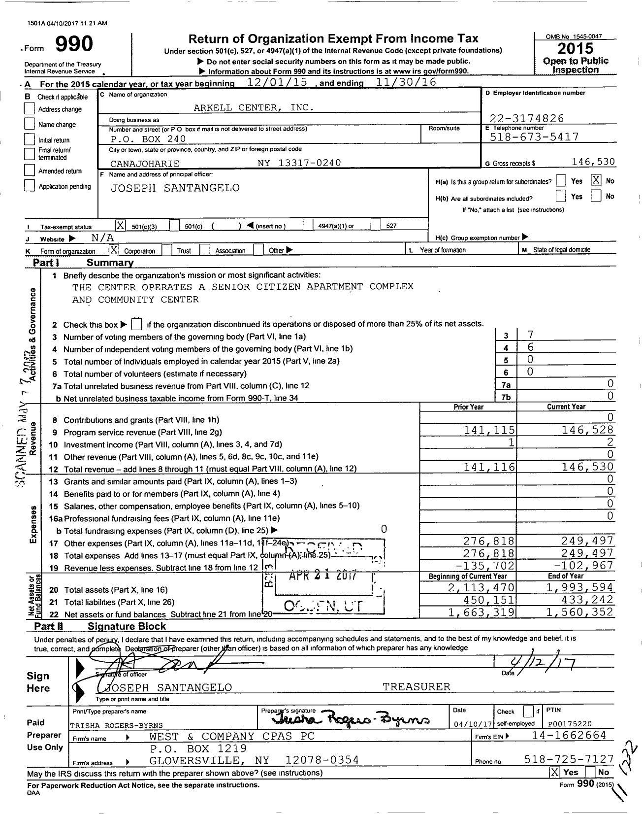 Image of first page of 2015 Form 990 for Arkell Center