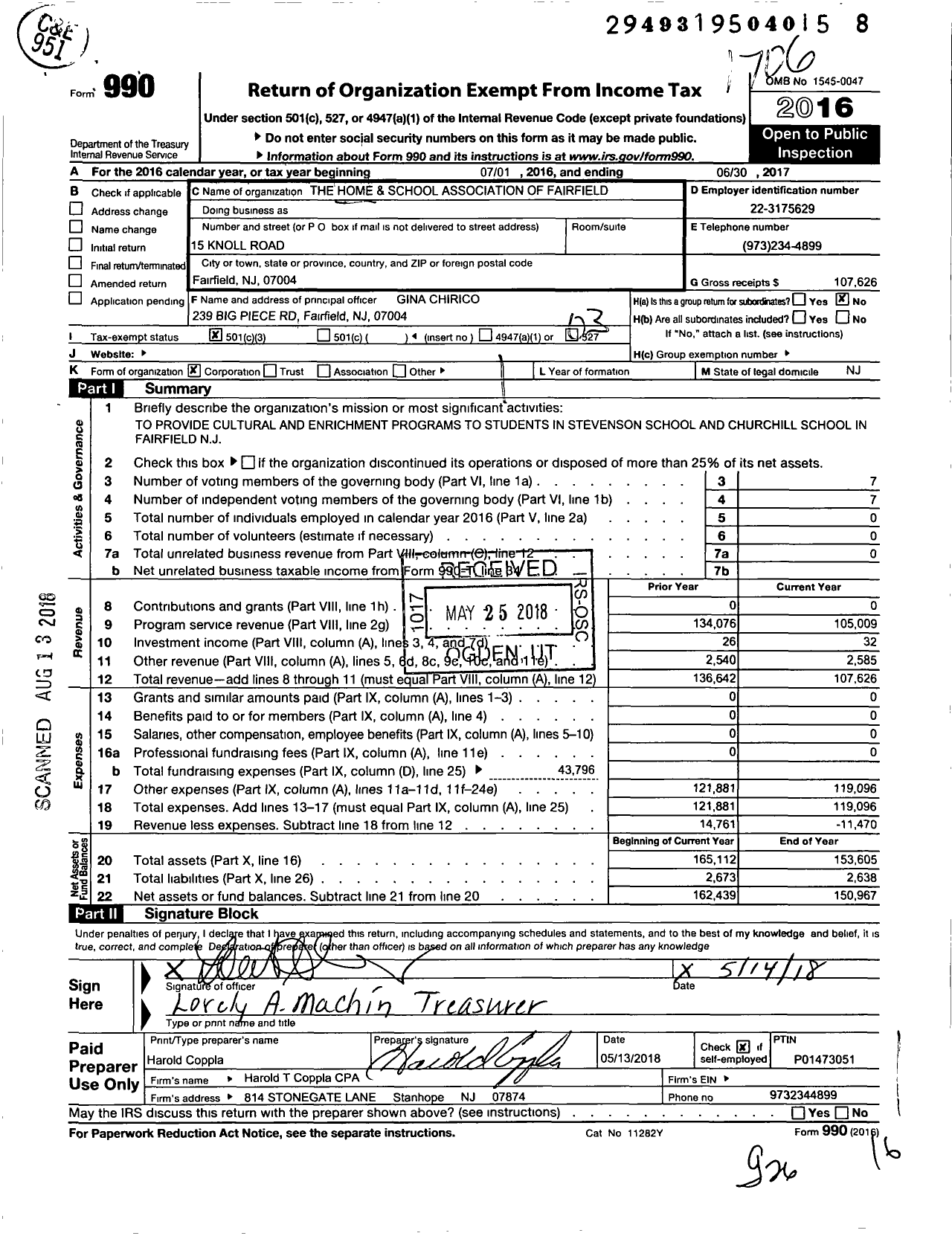 Image of first page of 2016 Form 990 for Home and School Association of Fairfield