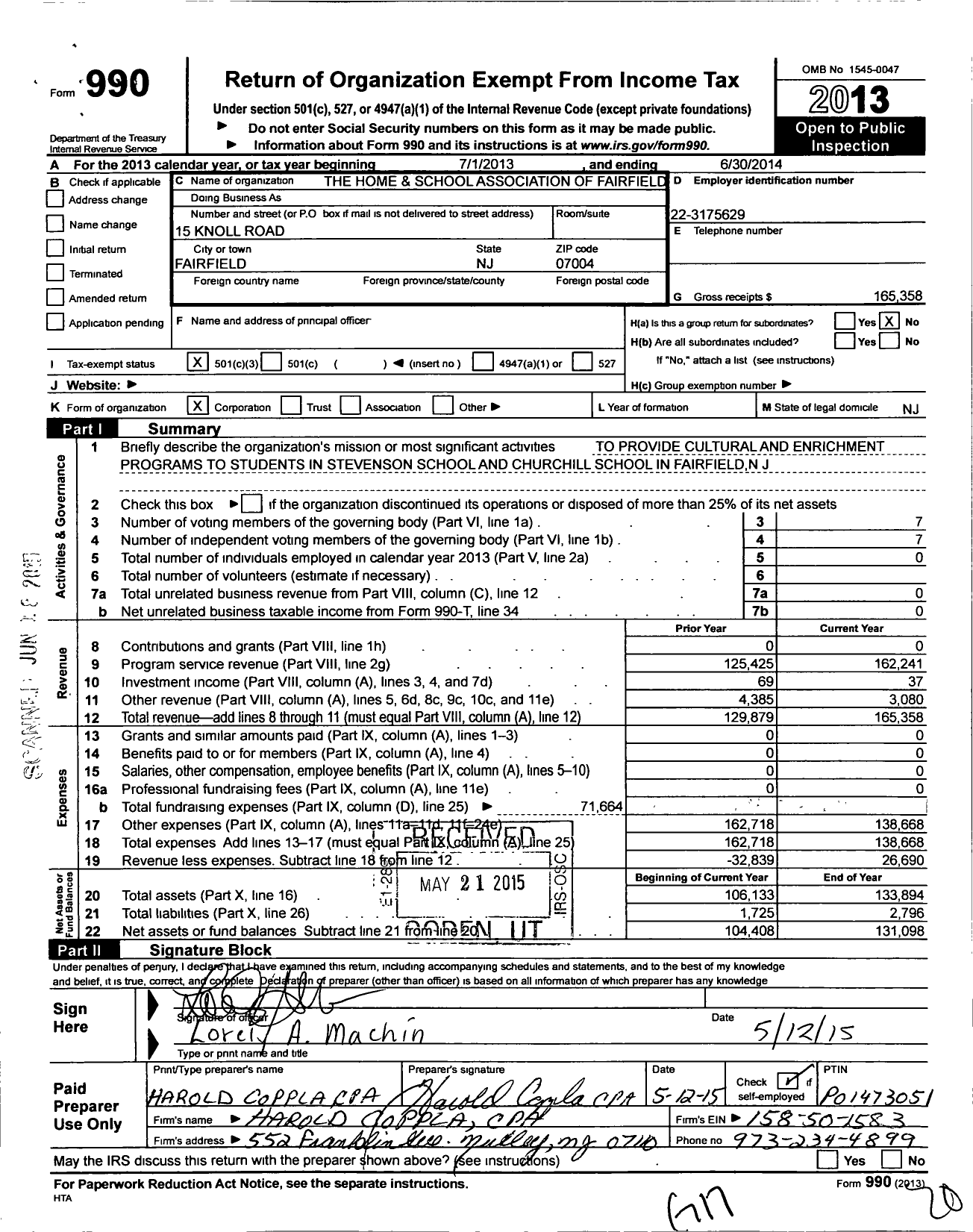 Image of first page of 2013 Form 990 for Home and School Association of Fairfield