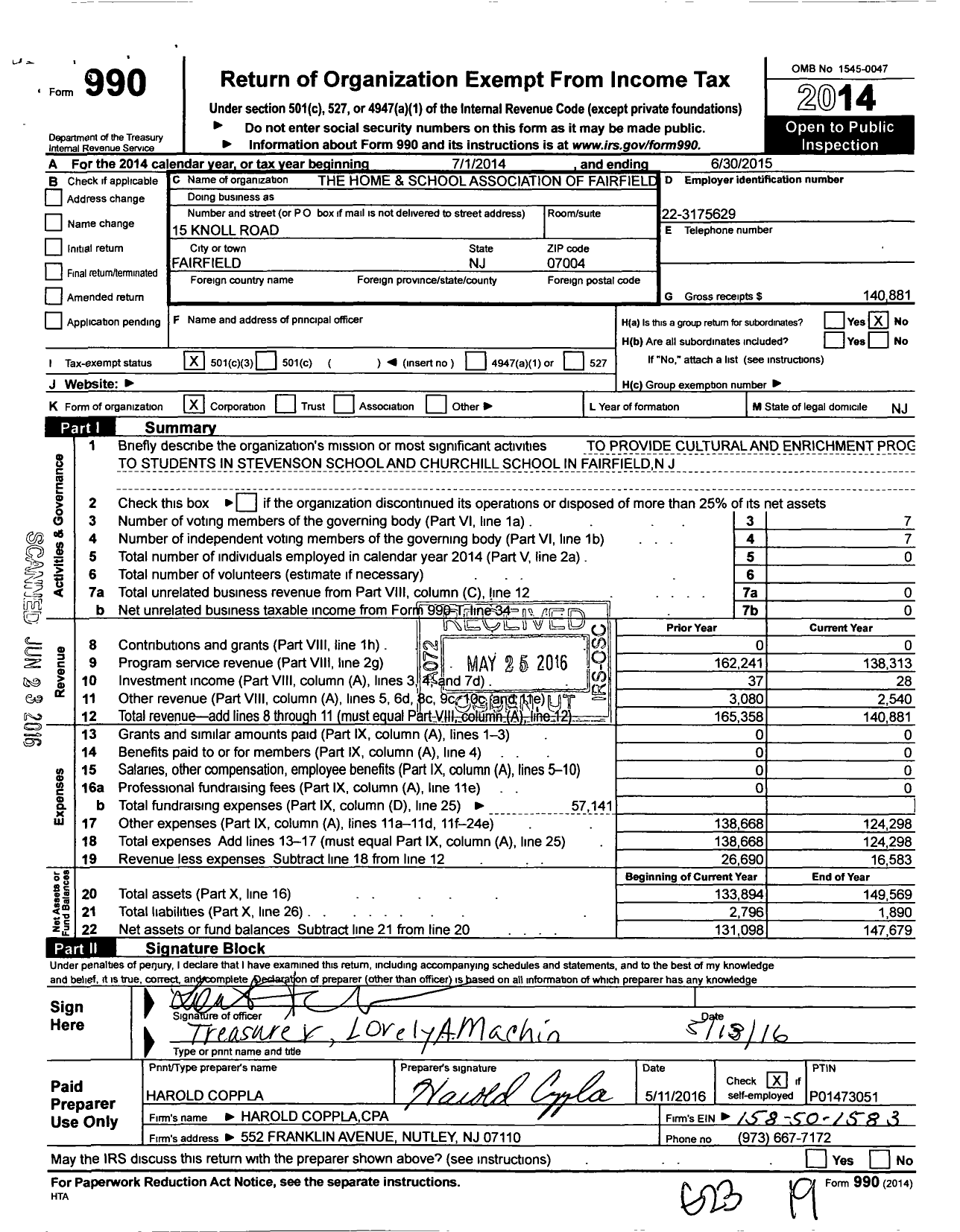 Image of first page of 2014 Form 990 for Home and School Association of Fairfield