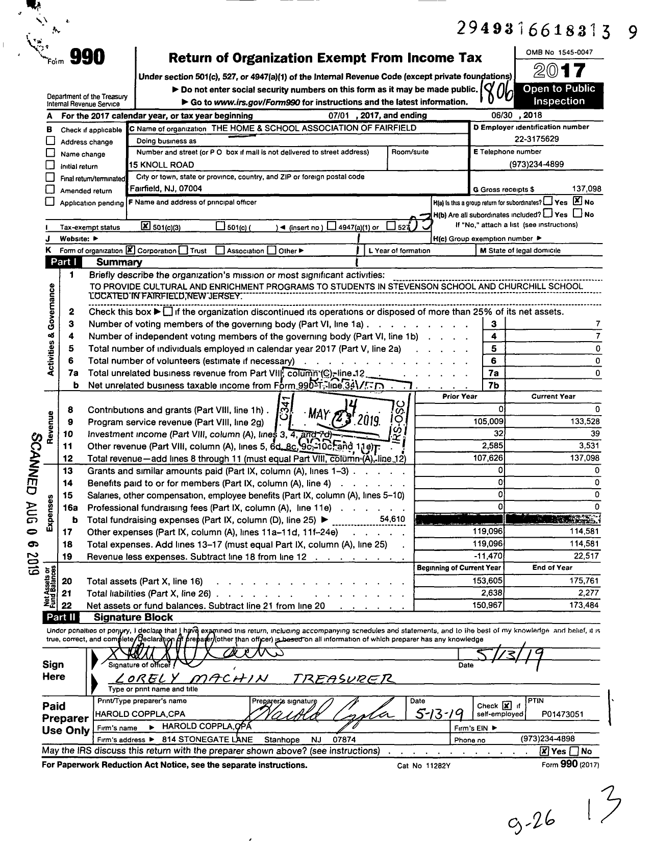 Image of first page of 2017 Form 990 for Home and School Association of Fairfield