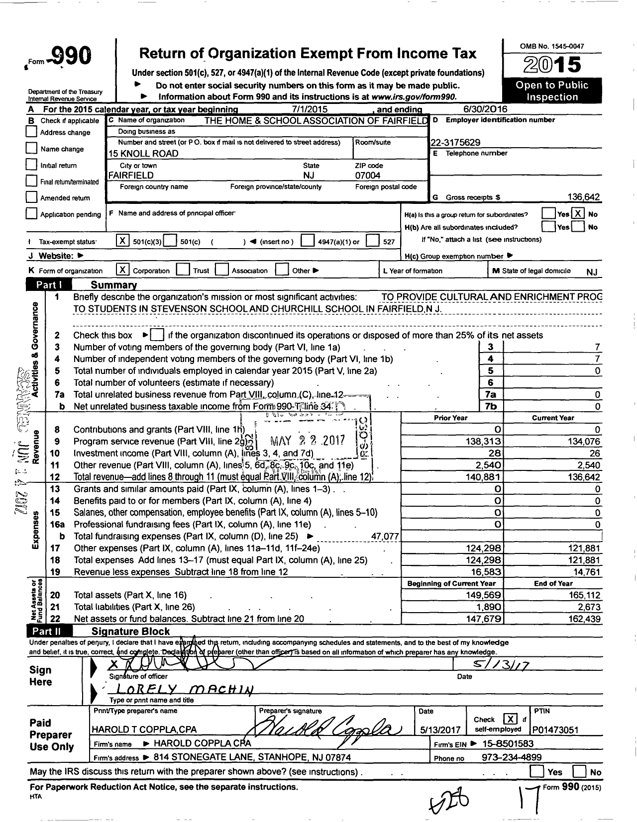 Image of first page of 2015 Form 990 for Home and School Association of Fairfield