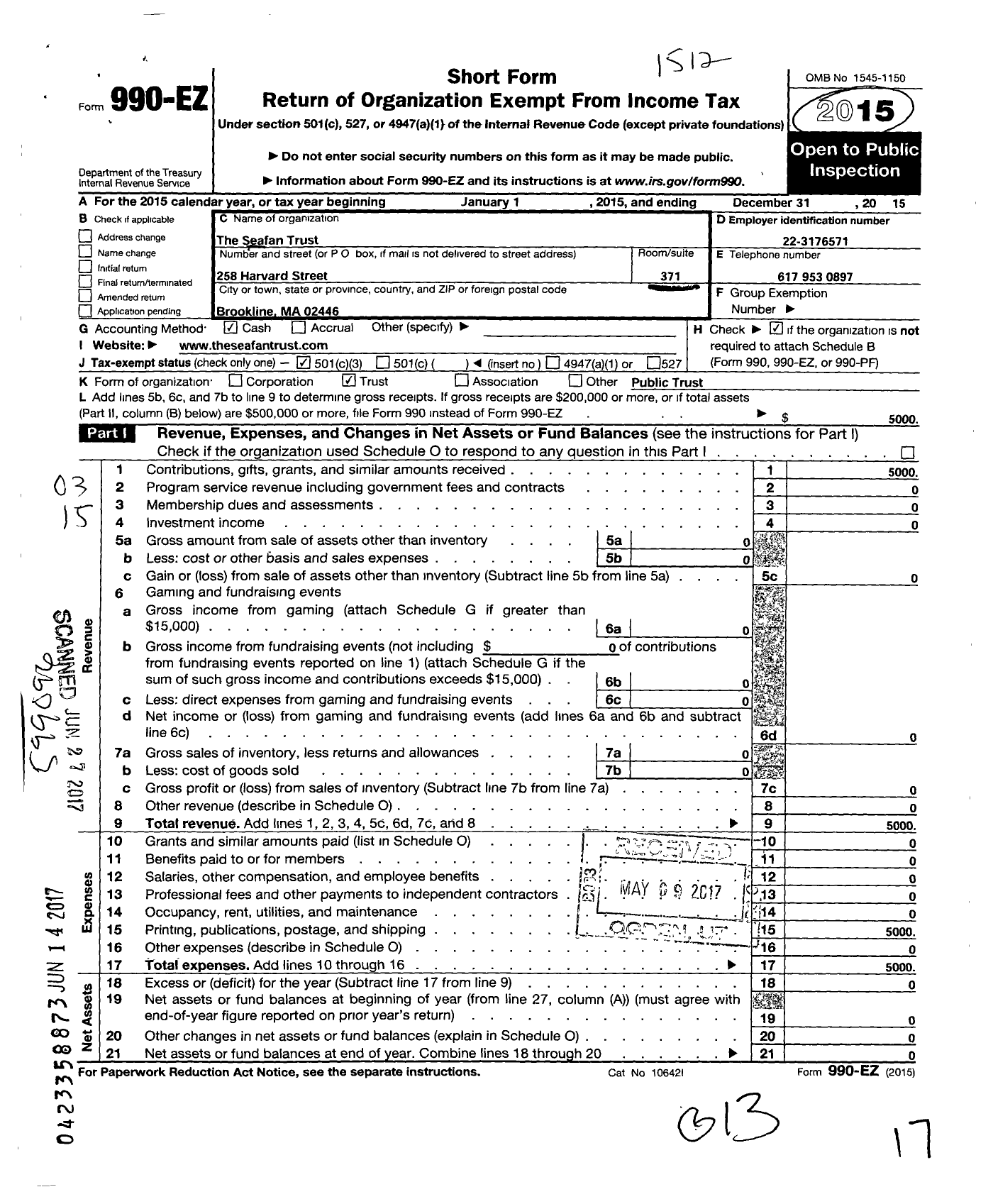 Image of first page of 2015 Form 990EZ for The Seafan Trust