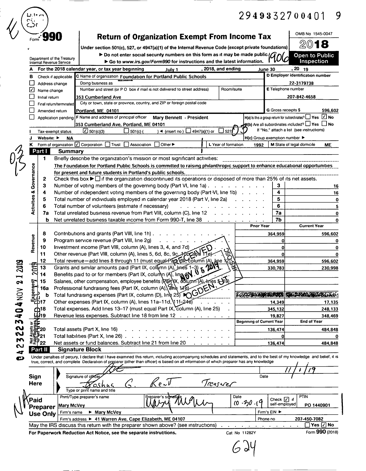 Image of first page of 2018 Form 990 for Foundation for Portland Public Schools