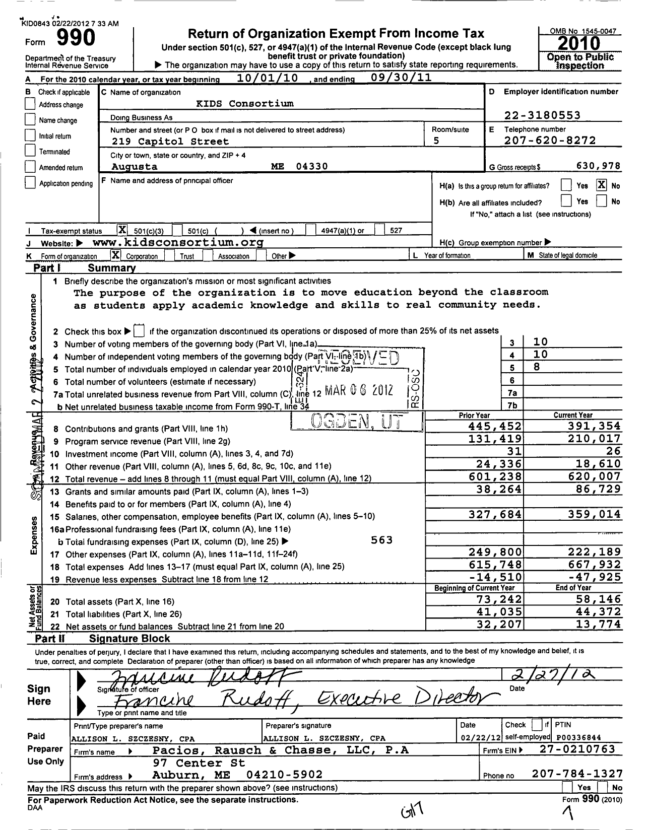 Image of first page of 2010 Form 990 for Kids Consortium