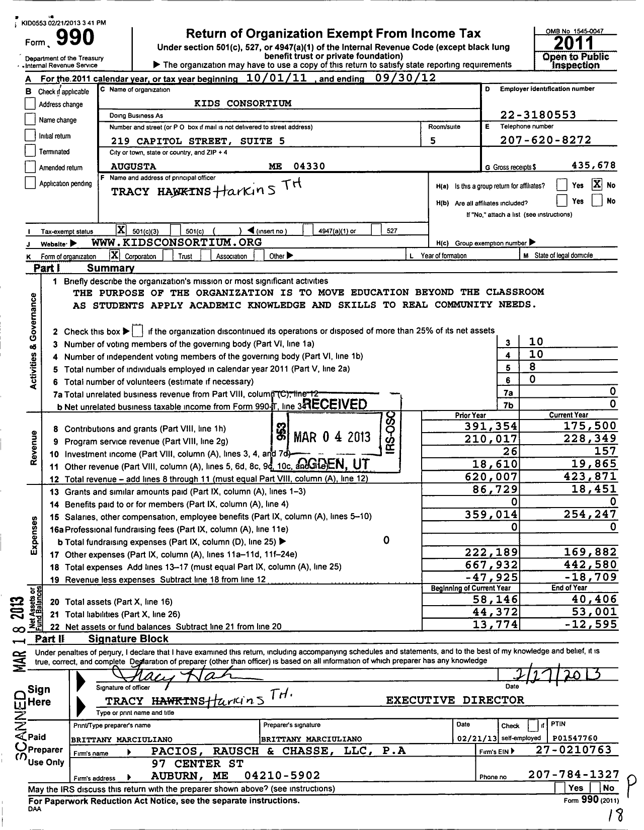 Image of first page of 2011 Form 990 for Kids Consortium