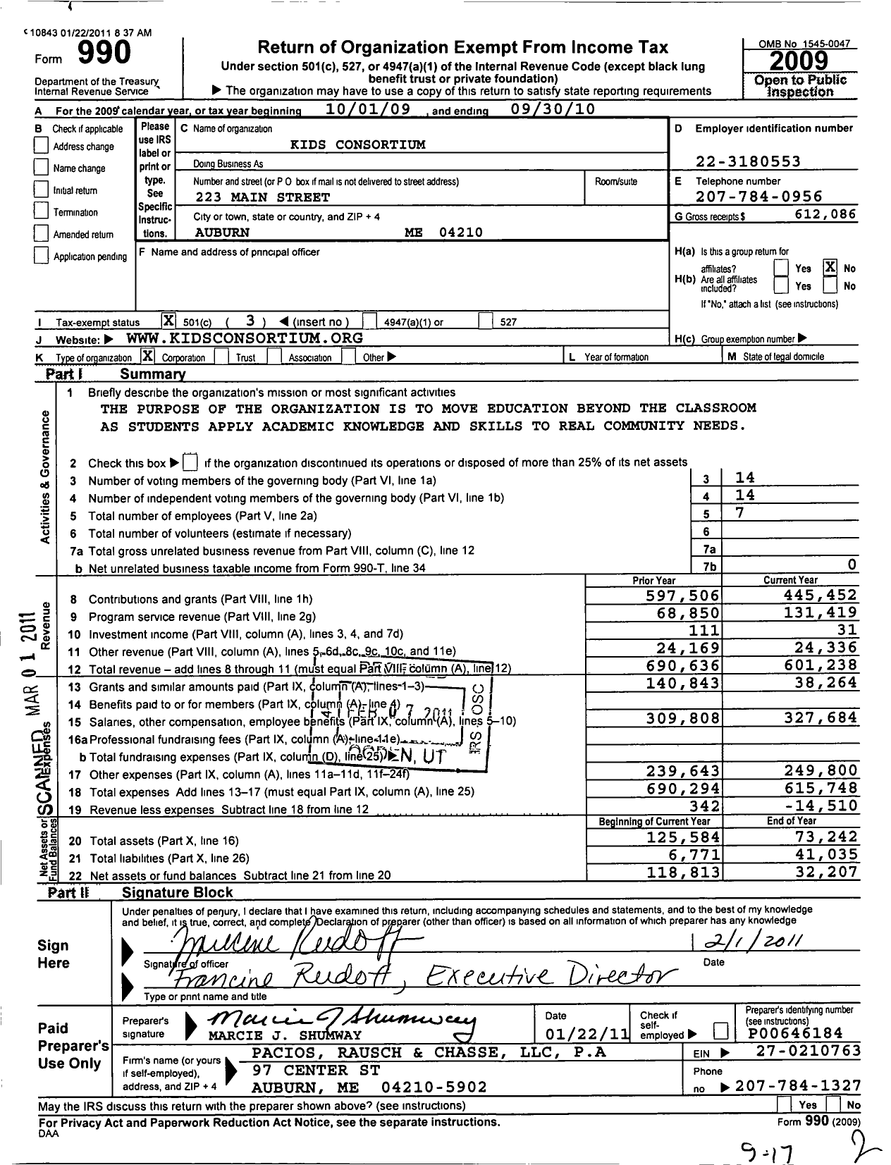 Image of first page of 2009 Form 990 for Kids Consortium