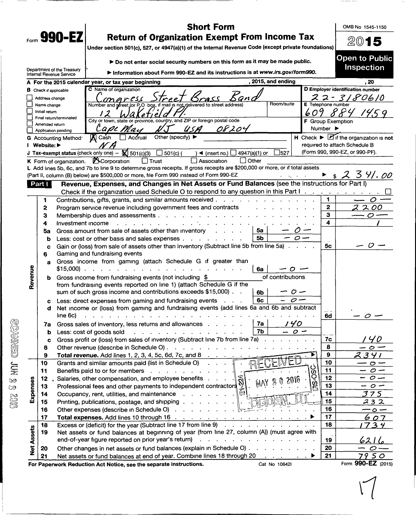 Image of first page of 2015 Form 990EZ for Congress Street Brass Band