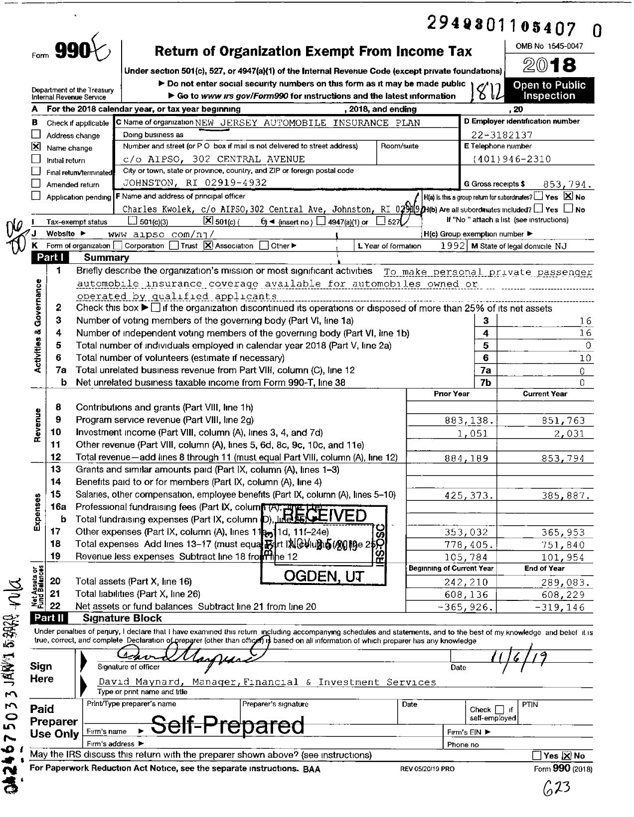 Image of first page of 2018 Form 990O for New Jersey Automobile Insurance Plan