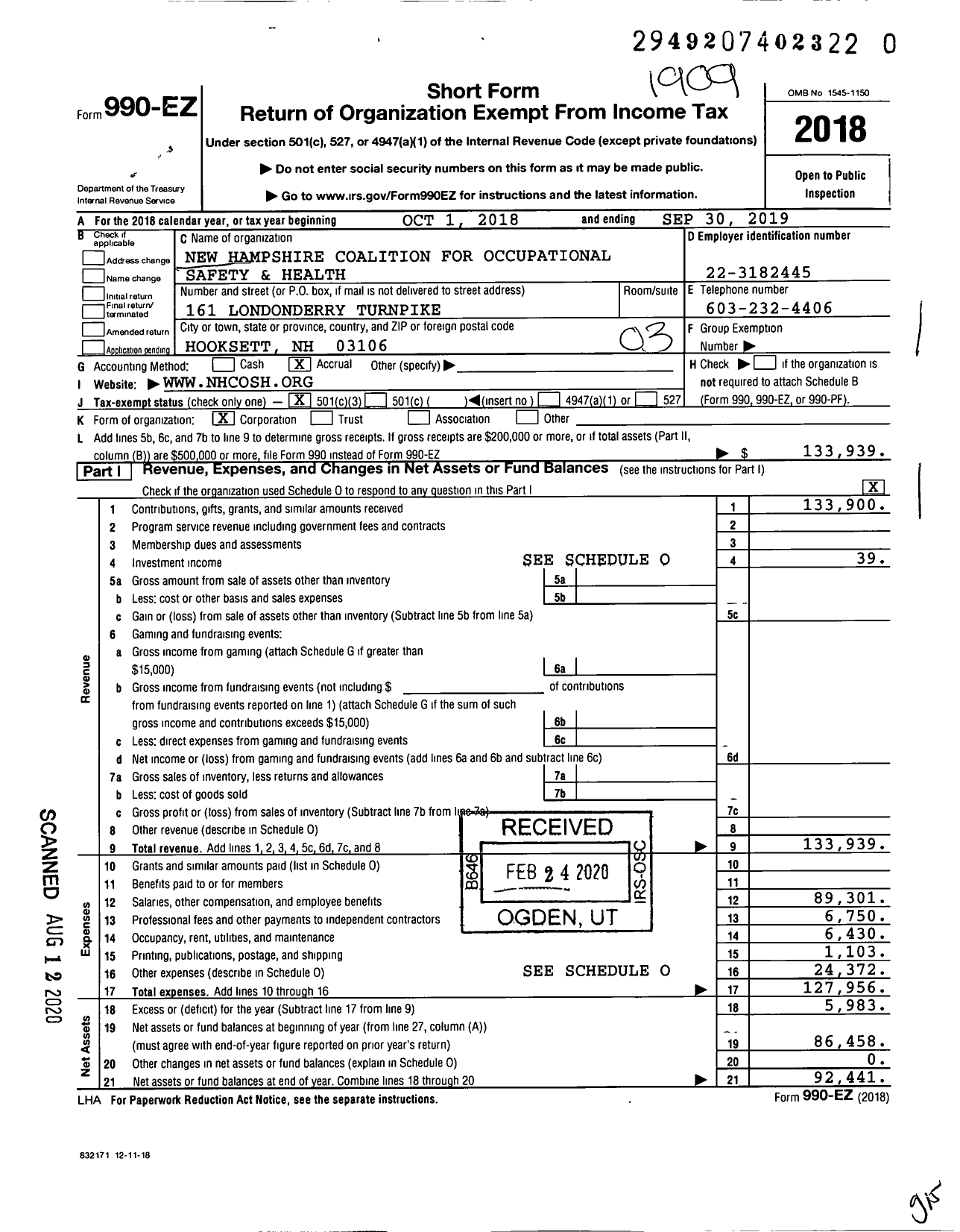 Image of first page of 2018 Form 990EZ for New Hampshire Coalition for Occupational Safety and Health