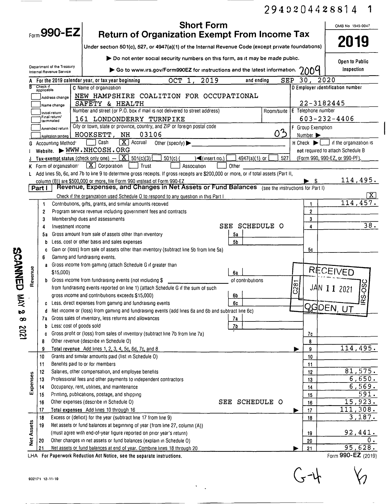 Image of first page of 2019 Form 990EZ for New Hampshire Coalition for Occupational Safety and Health