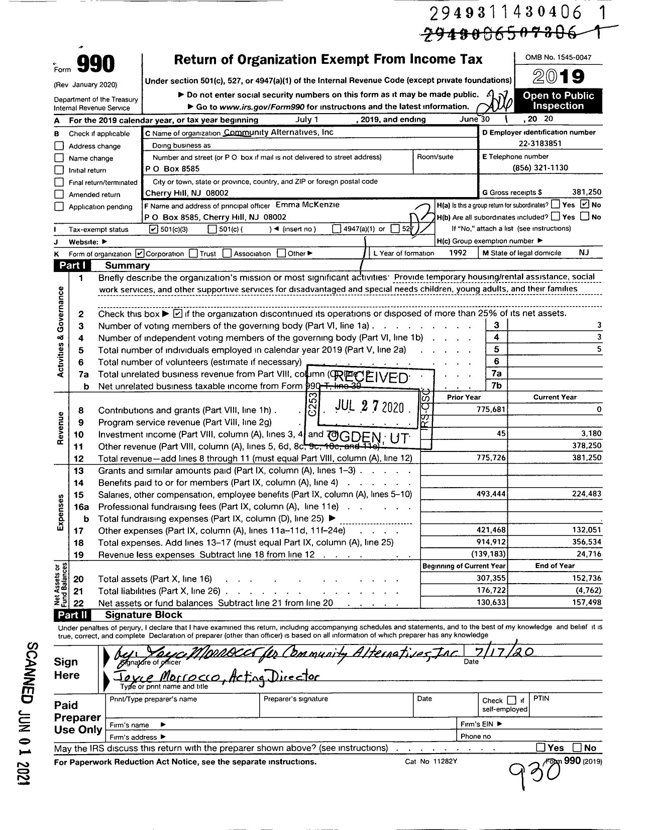 Image of first page of 2019 Form 990 for Community Alternatives