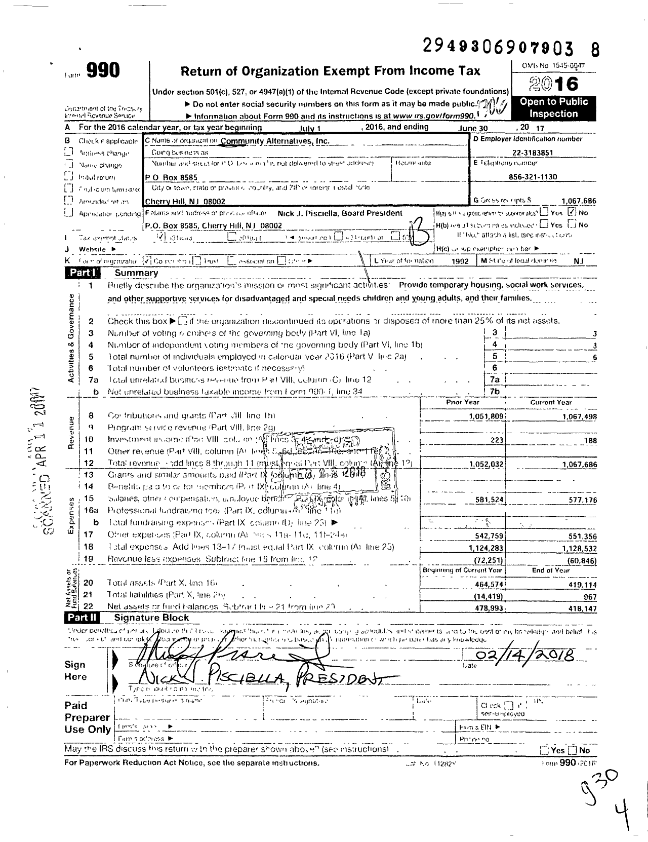 Image of first page of 2016 Form 990 for Community Alternatives