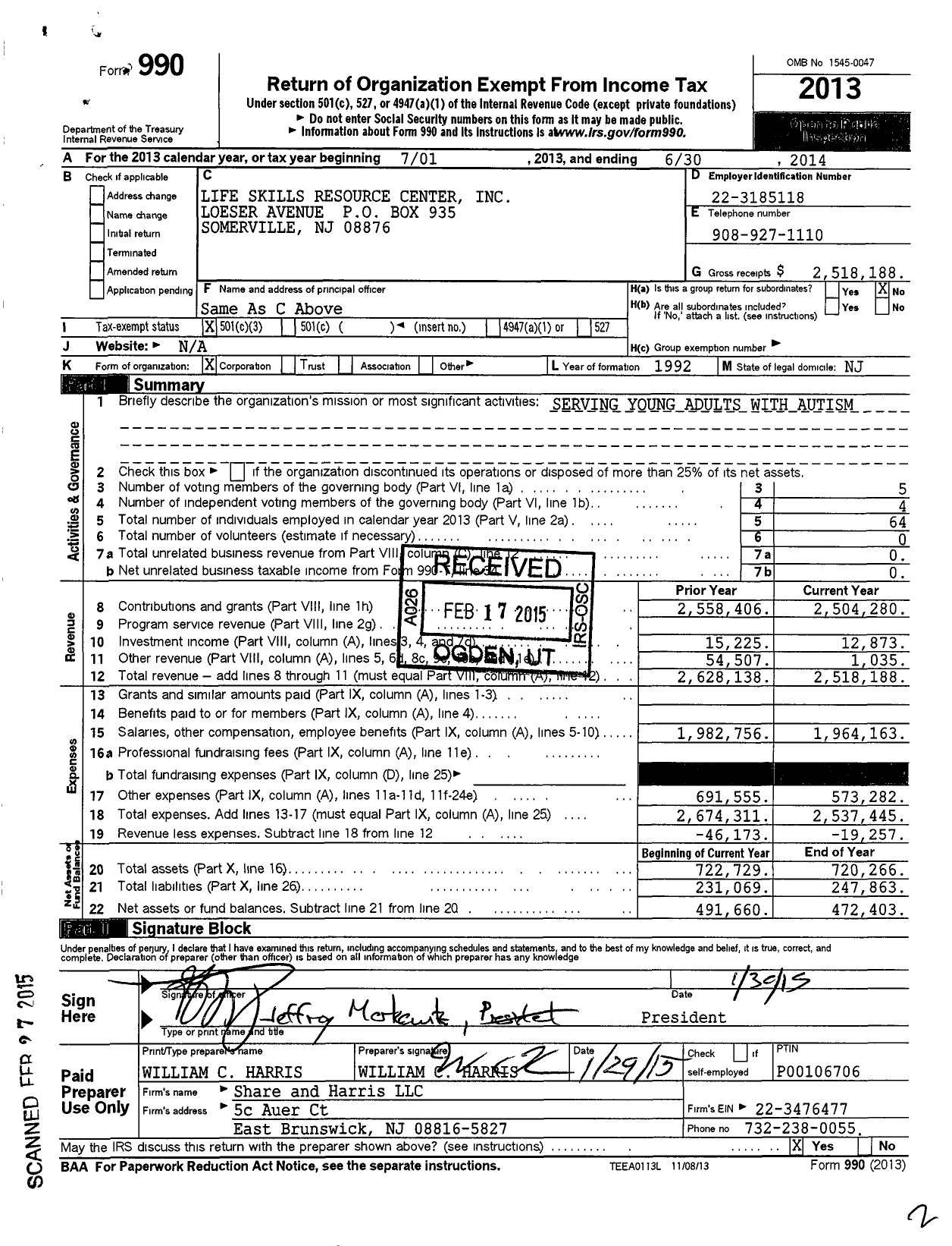 Image of first page of 2013 Form 990 for Life Skills Resource Center