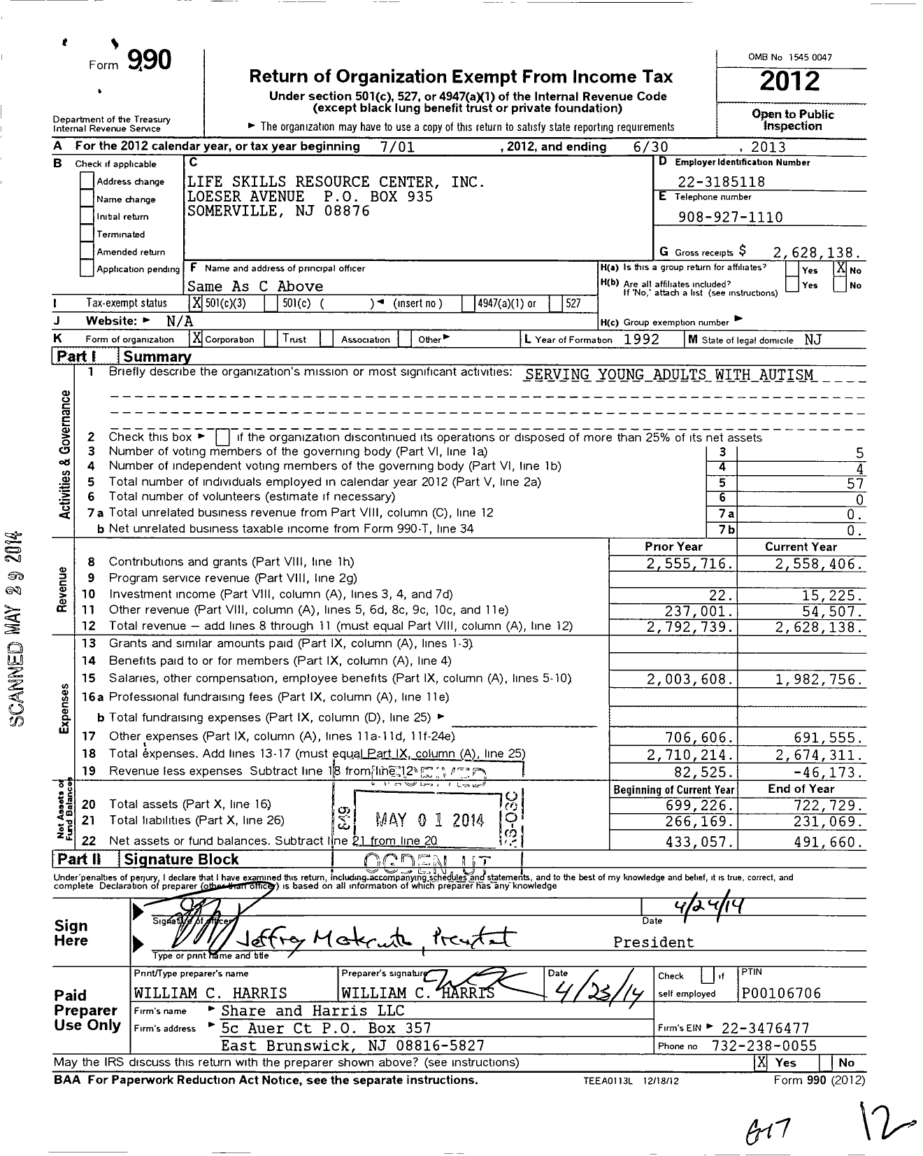 Image of first page of 2012 Form 990 for Life Skills Resource Center