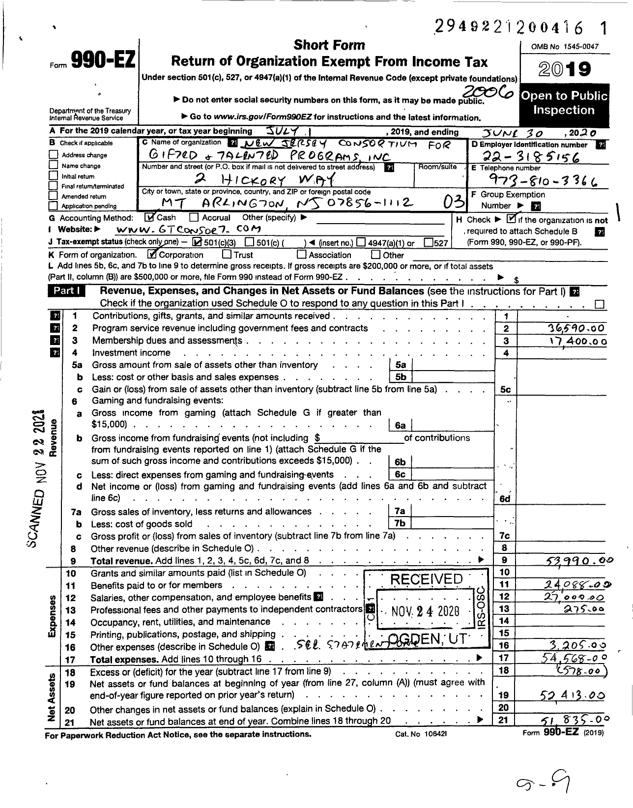 Image of first page of 2019 Form 990EZ for New Jersey Consortium for Gifted and Talented Programs