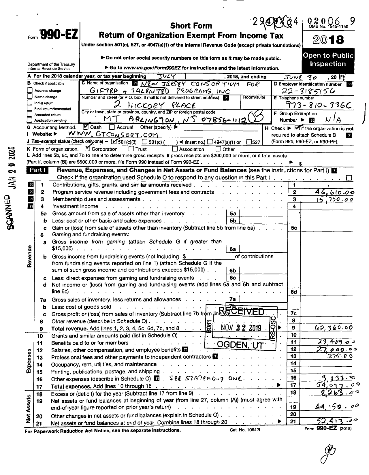 Image of first page of 2018 Form 990EZ for New Jersey Consortium for Gifted and Talented Programs