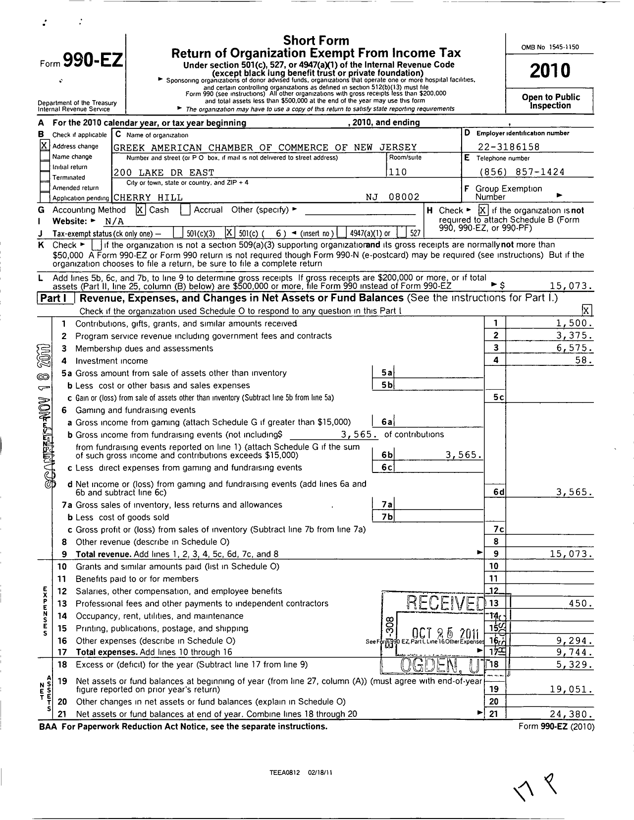 Image of first page of 2010 Form 990EO for Greek American Chamber of Commerce of New Jersey