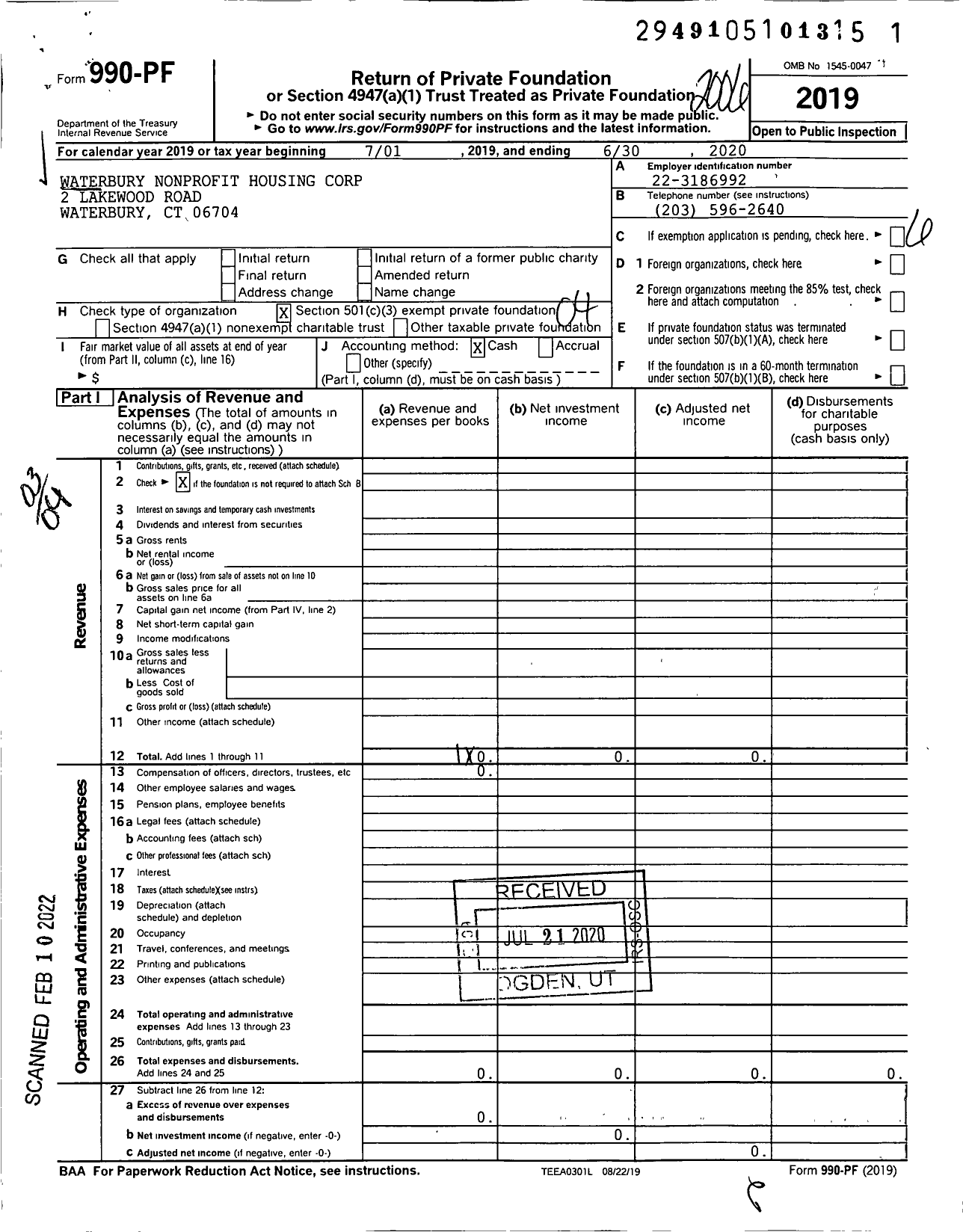 Image of first page of 2019 Form 990PF for Waterbury Nonprofit Housing Corporation