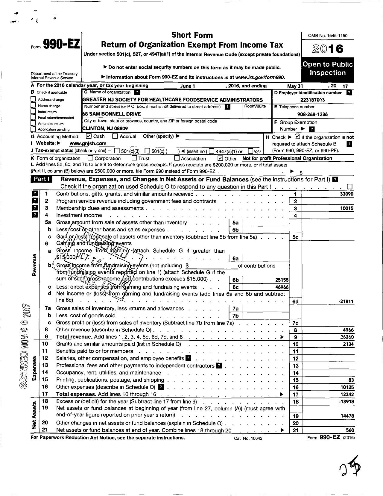 Image of first page of 2016 Form 990EO for New Jersey Society for Healthcare Food Service Administration