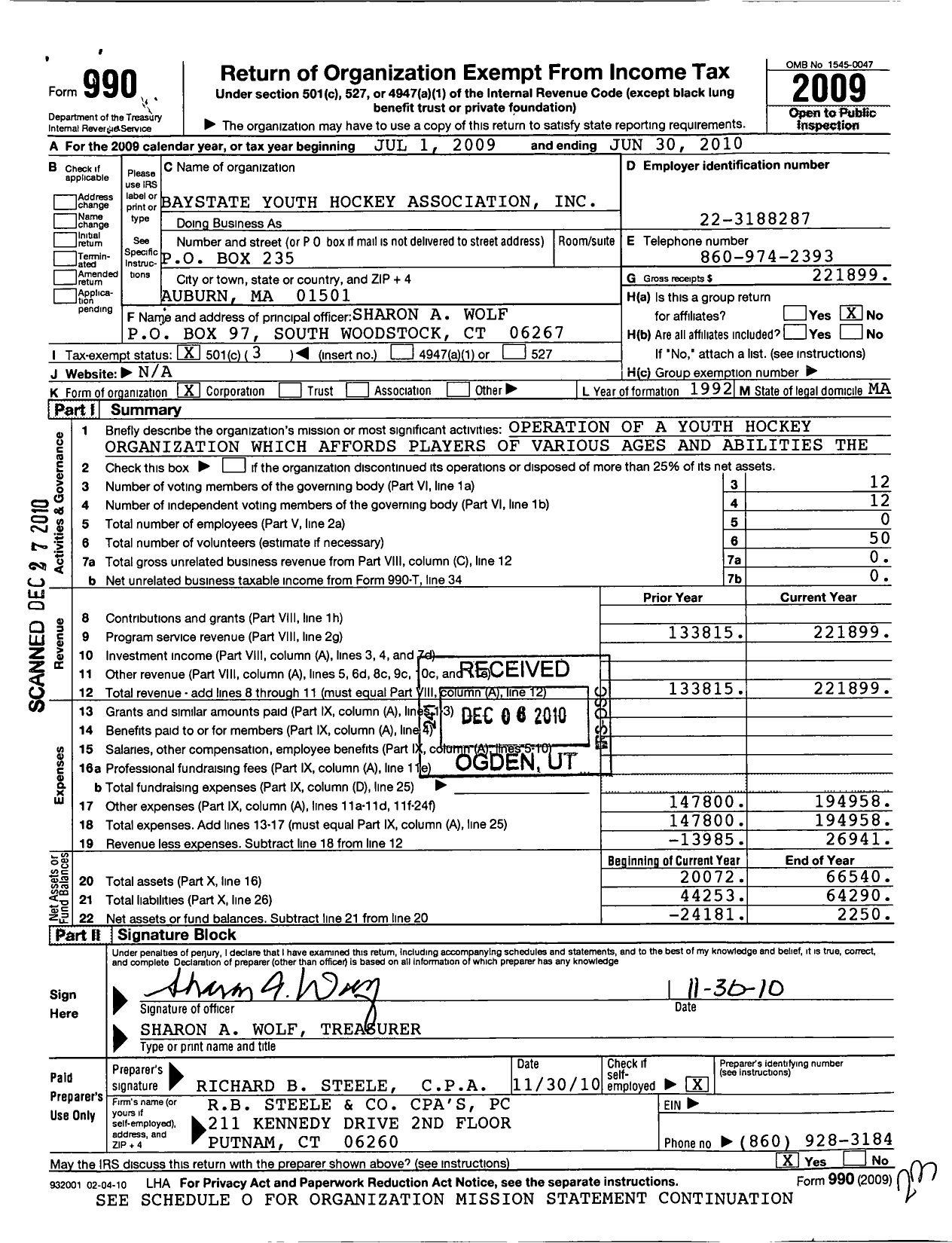 Image of first page of 2009 Form 990 for Baystate Youth Hockey Association