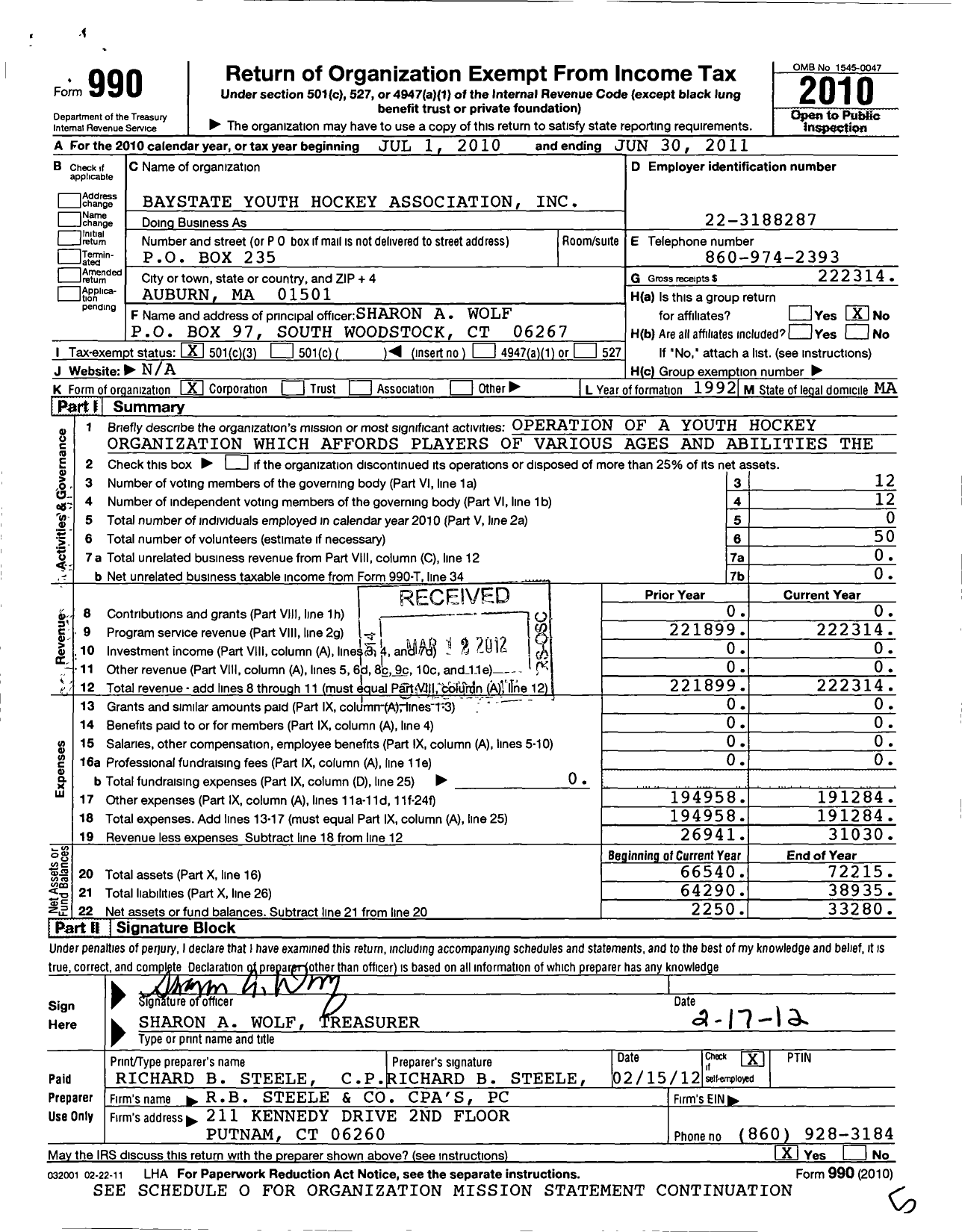 Image of first page of 2010 Form 990 for Baystate Youth Hockey Association