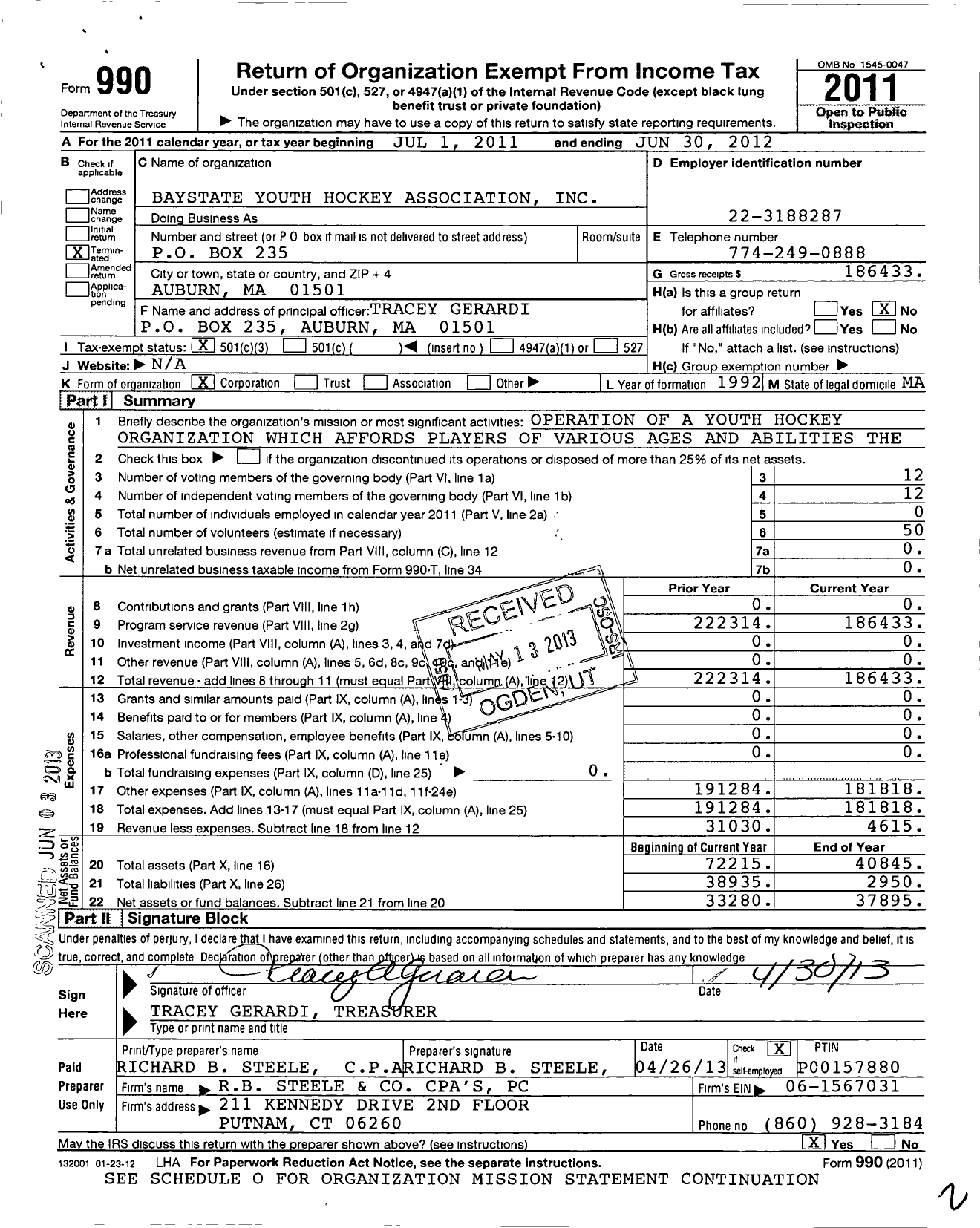 Image of first page of 2011 Form 990 for Baystate Youth Hockey Association