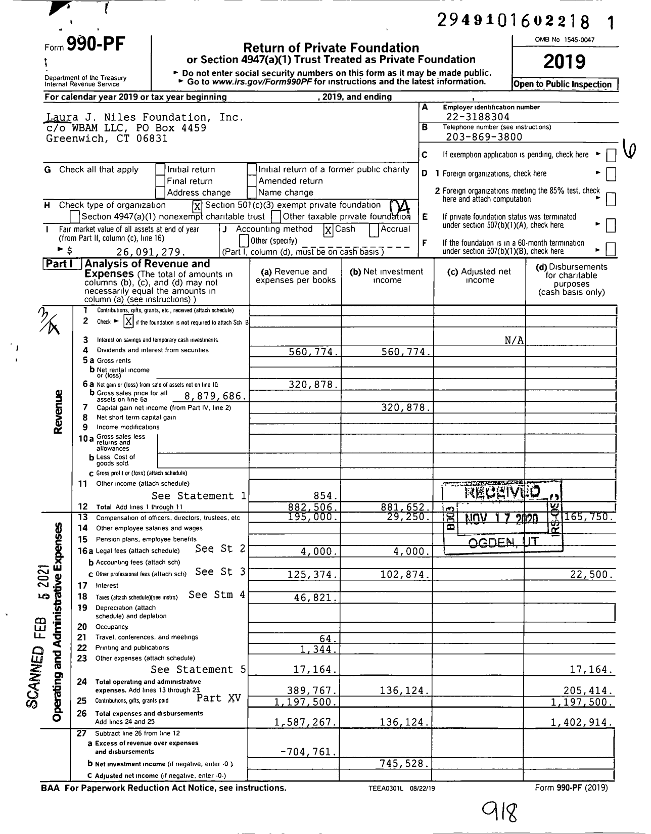Image of first page of 2019 Form 990PF for Laura J Niles Foundation