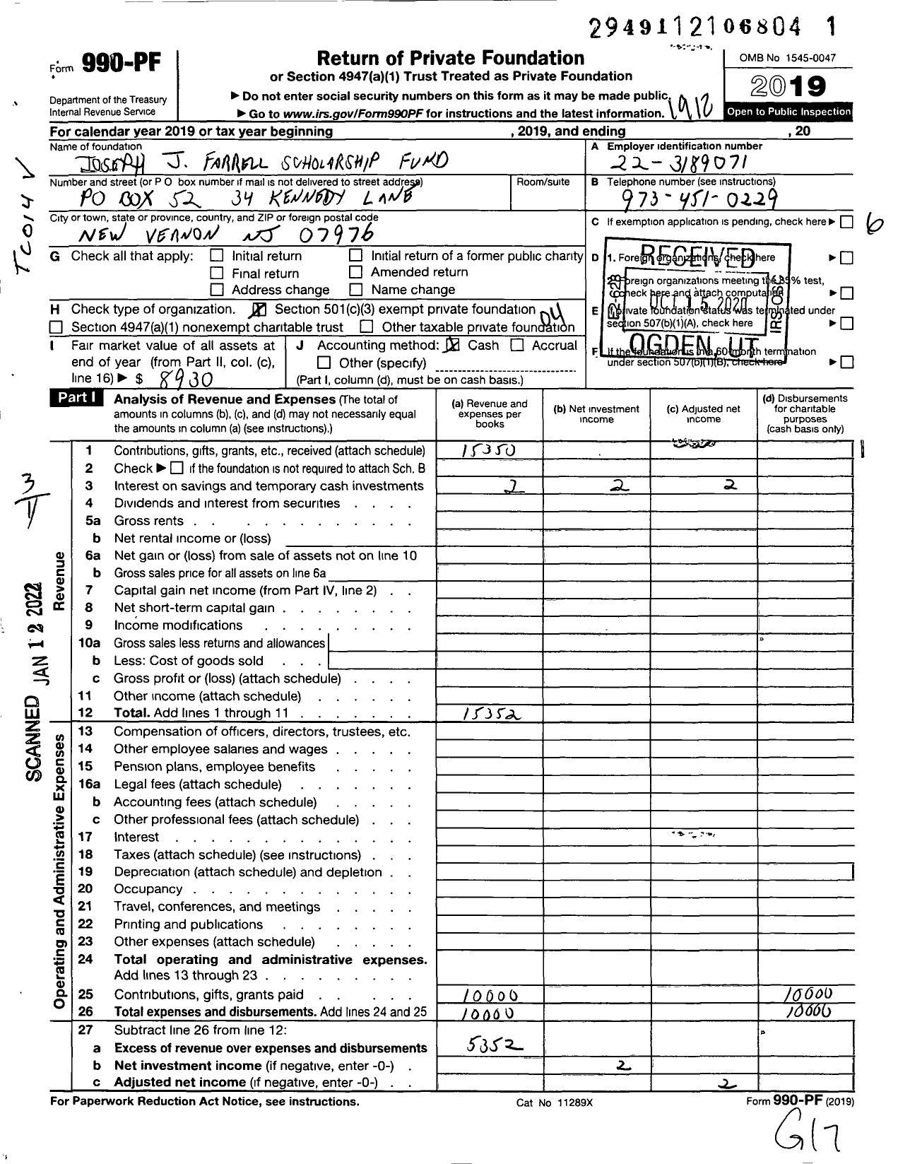 Image of first page of 2019 Form 990PF for Joseph J Farrell Scholarship Fund