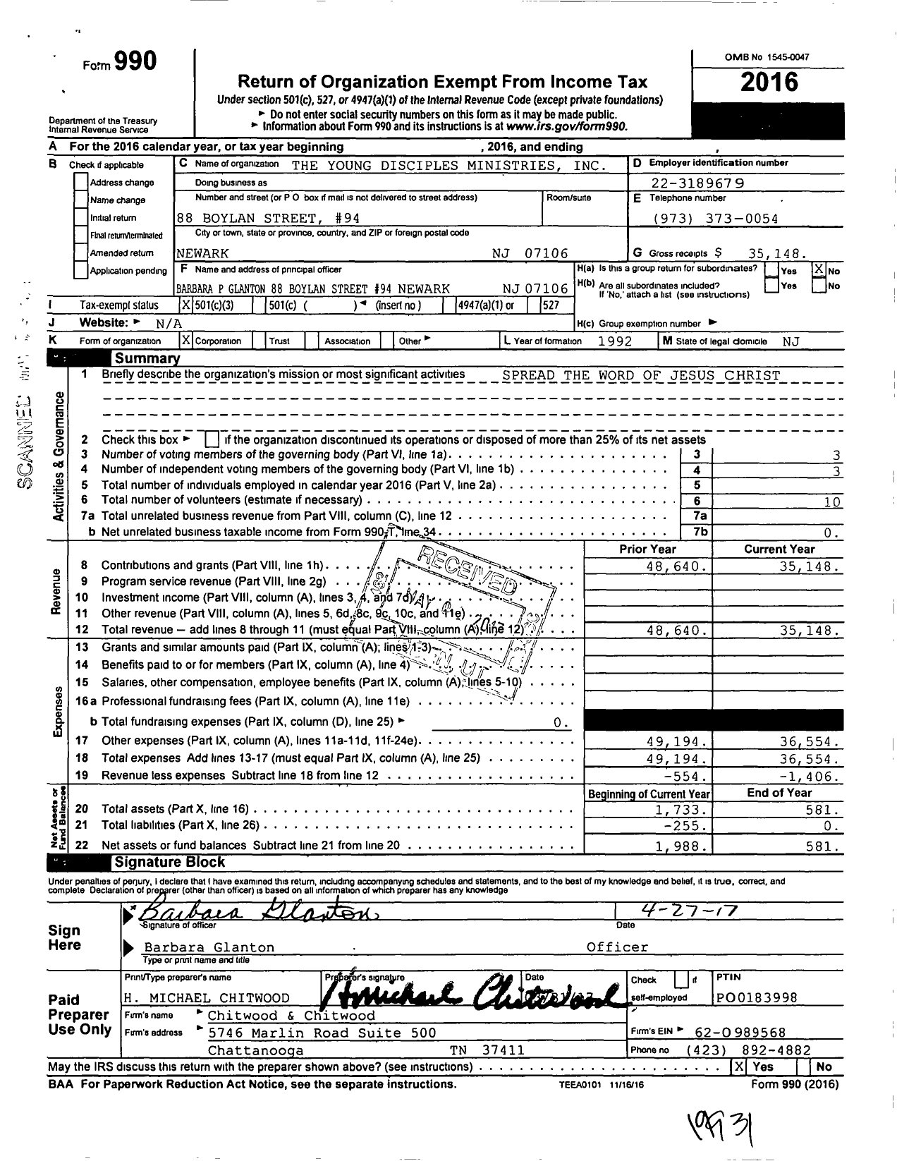 Image of first page of 2016 Form 990 for The Young Disciples Ministries