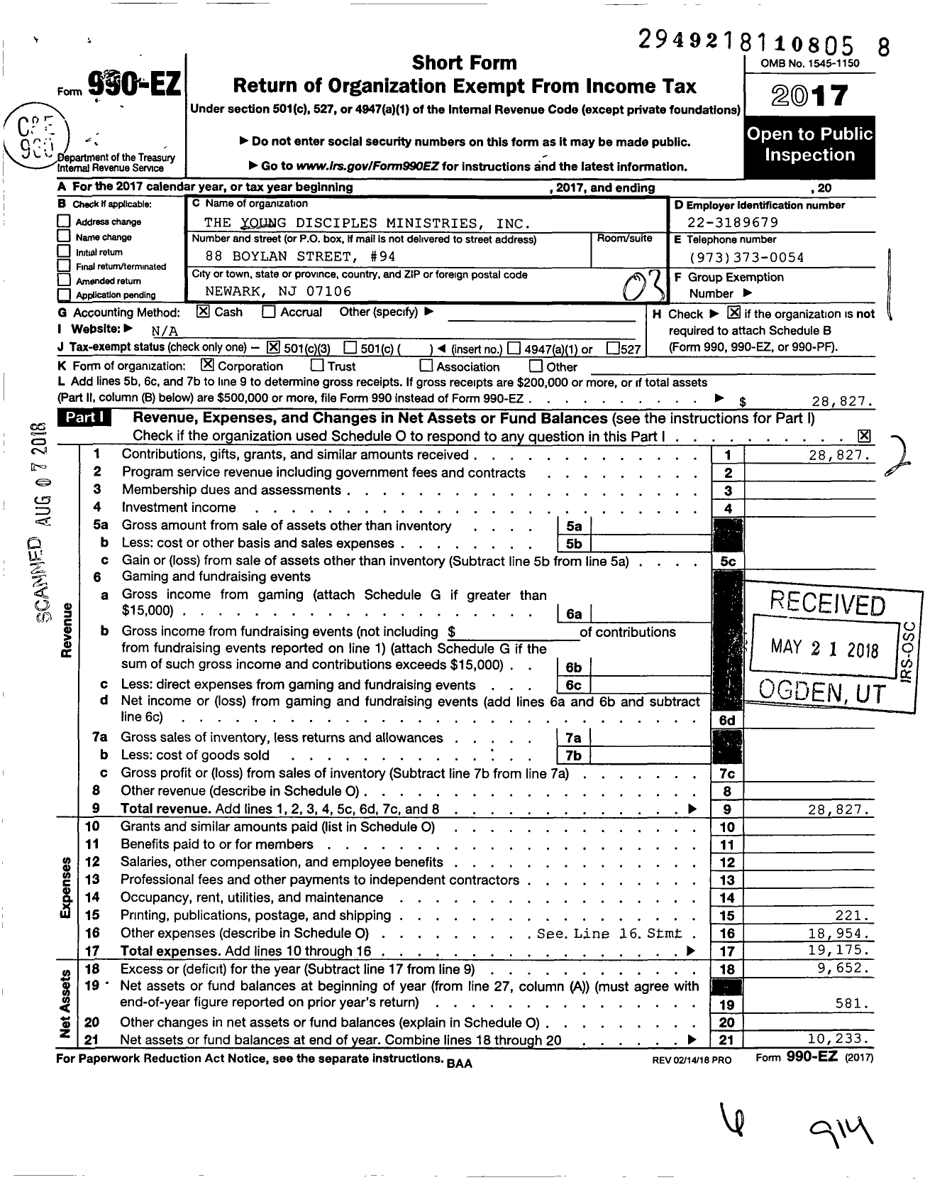 Image of first page of 2017 Form 990EZ for The Young Disciples Ministries