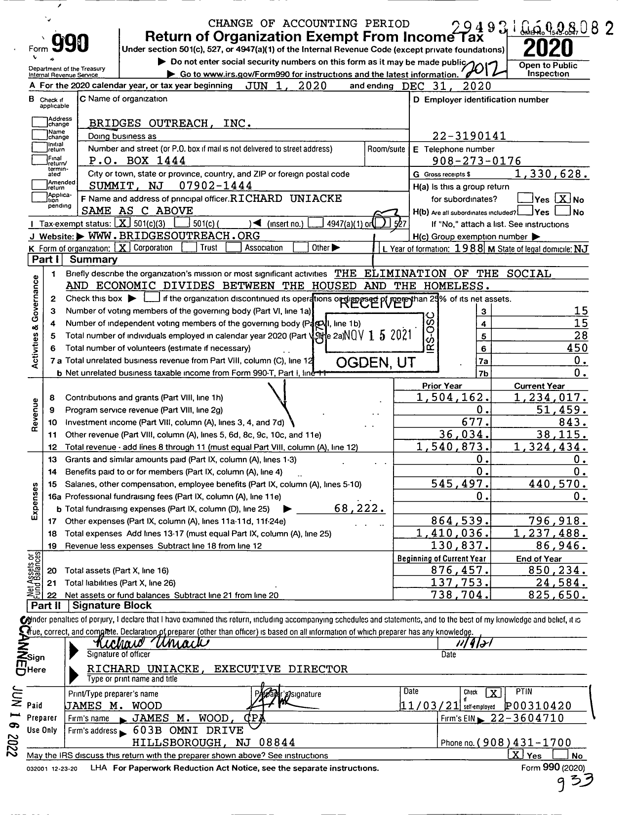 Image of first page of 2020 Form 990 for Bridges Outreach