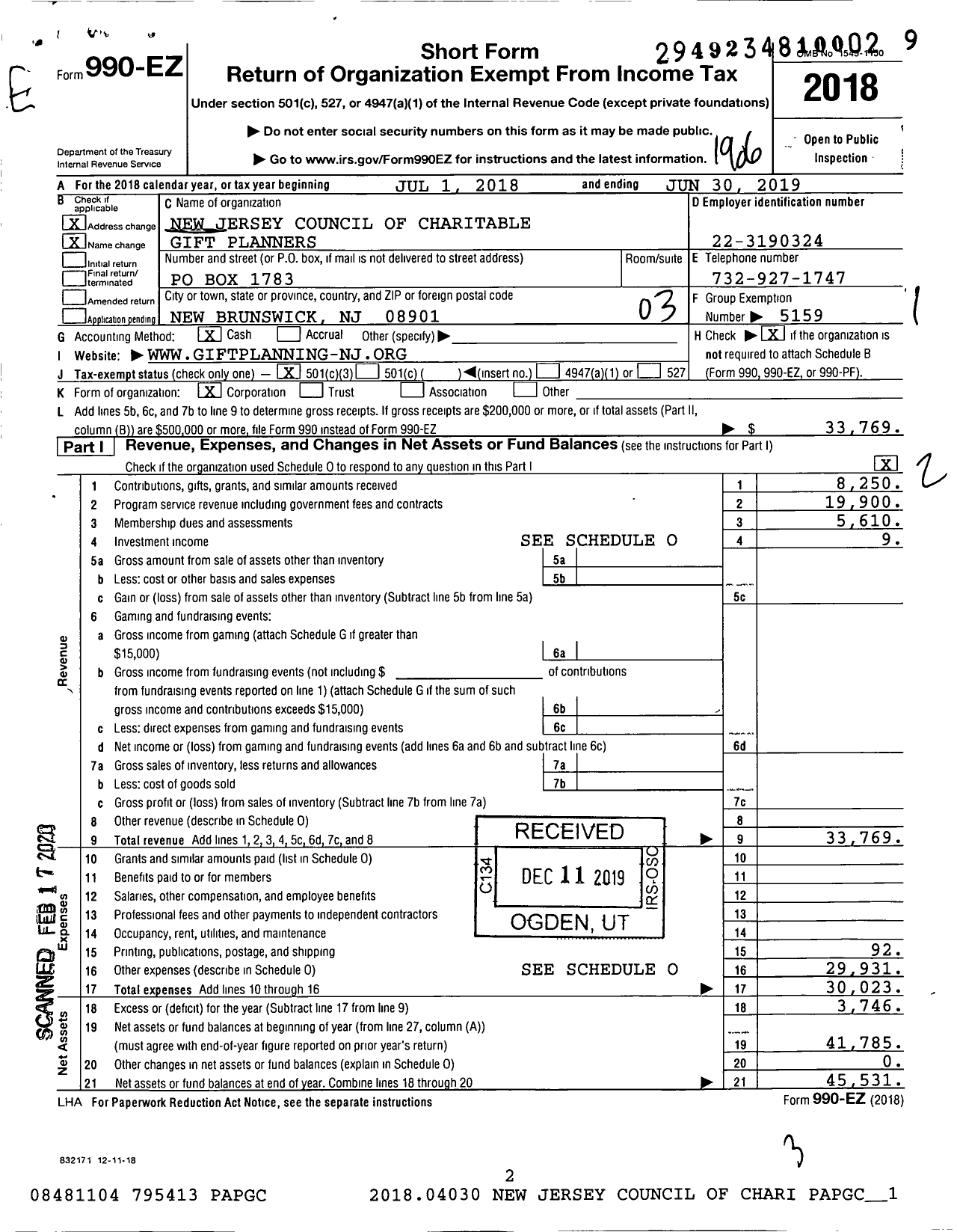 Image of first page of 2018 Form 990EZ for New Jersey Council of Charitable Gift Planners