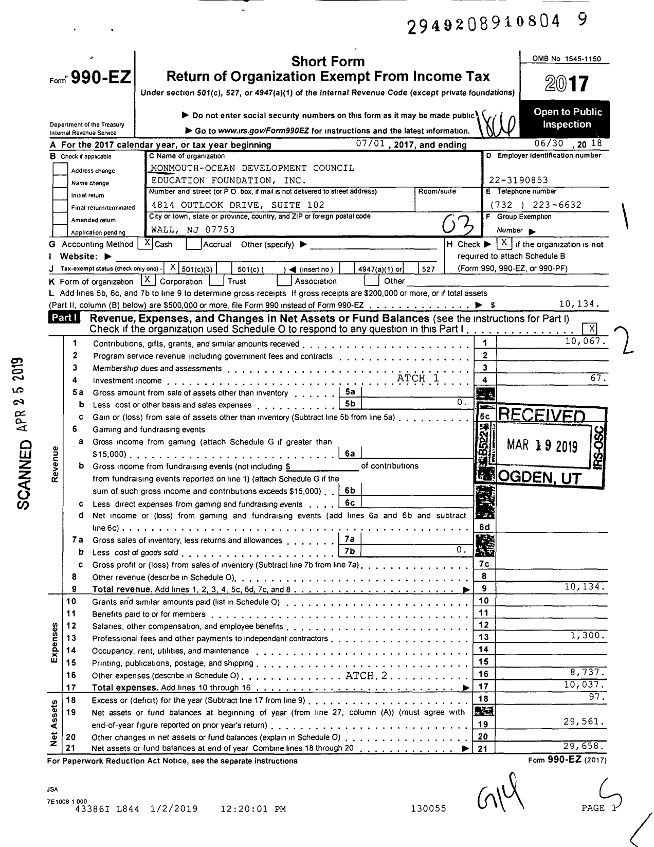 Image of first page of 2017 Form 990EZ for Monmouth-Ocean Development Council Education Foundation