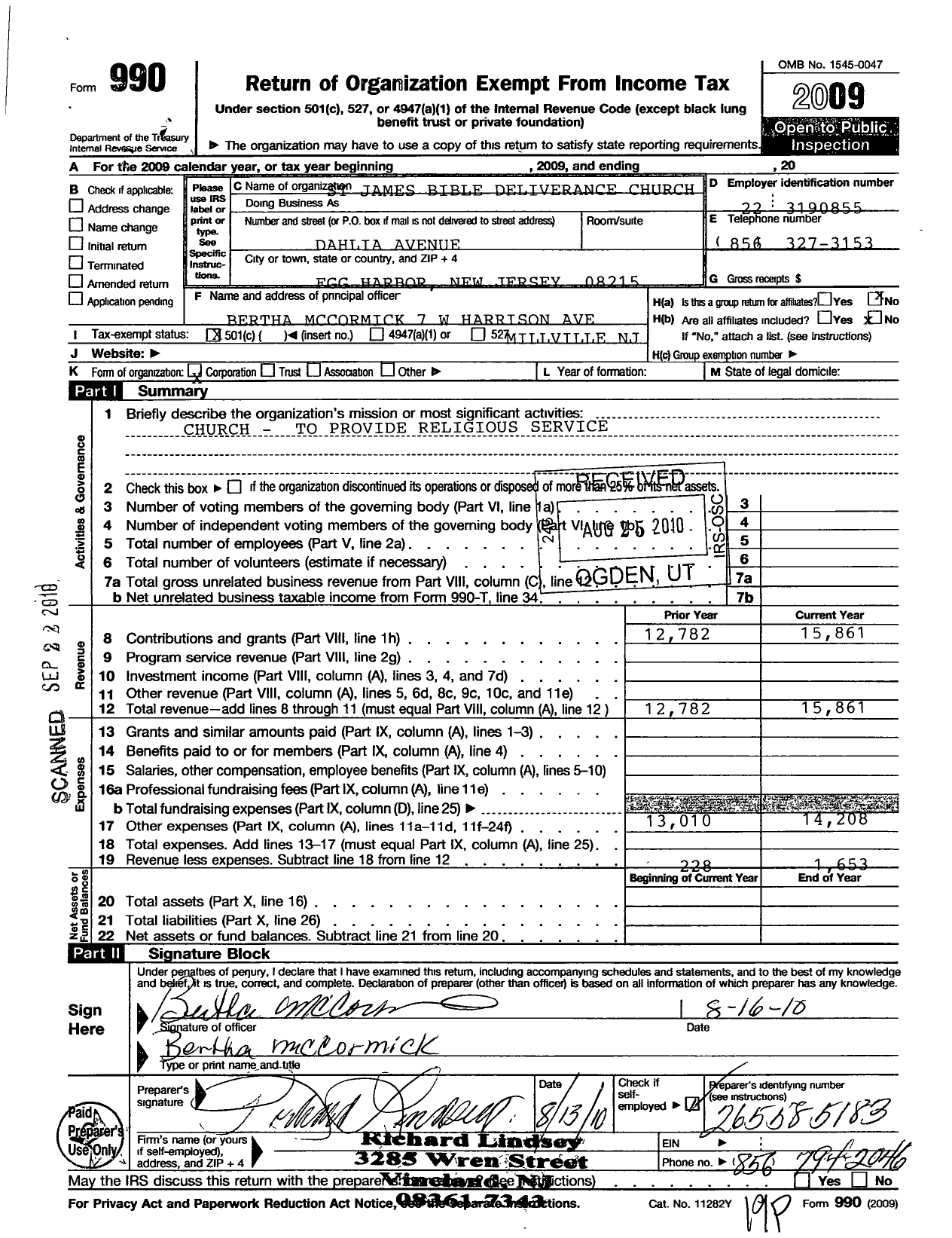 Image of first page of 2009 Form 990O for St James Bible Deliverance Church