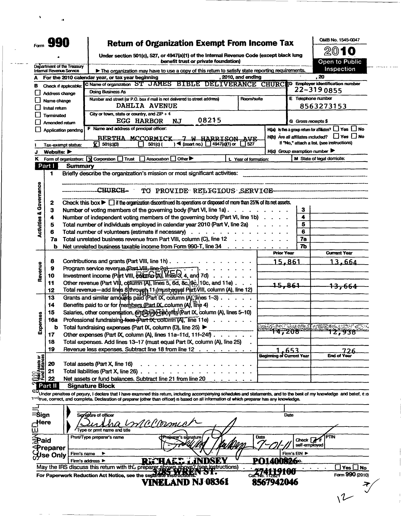 Image of first page of 2010 Form 990 for St James Bible Deliverance Church