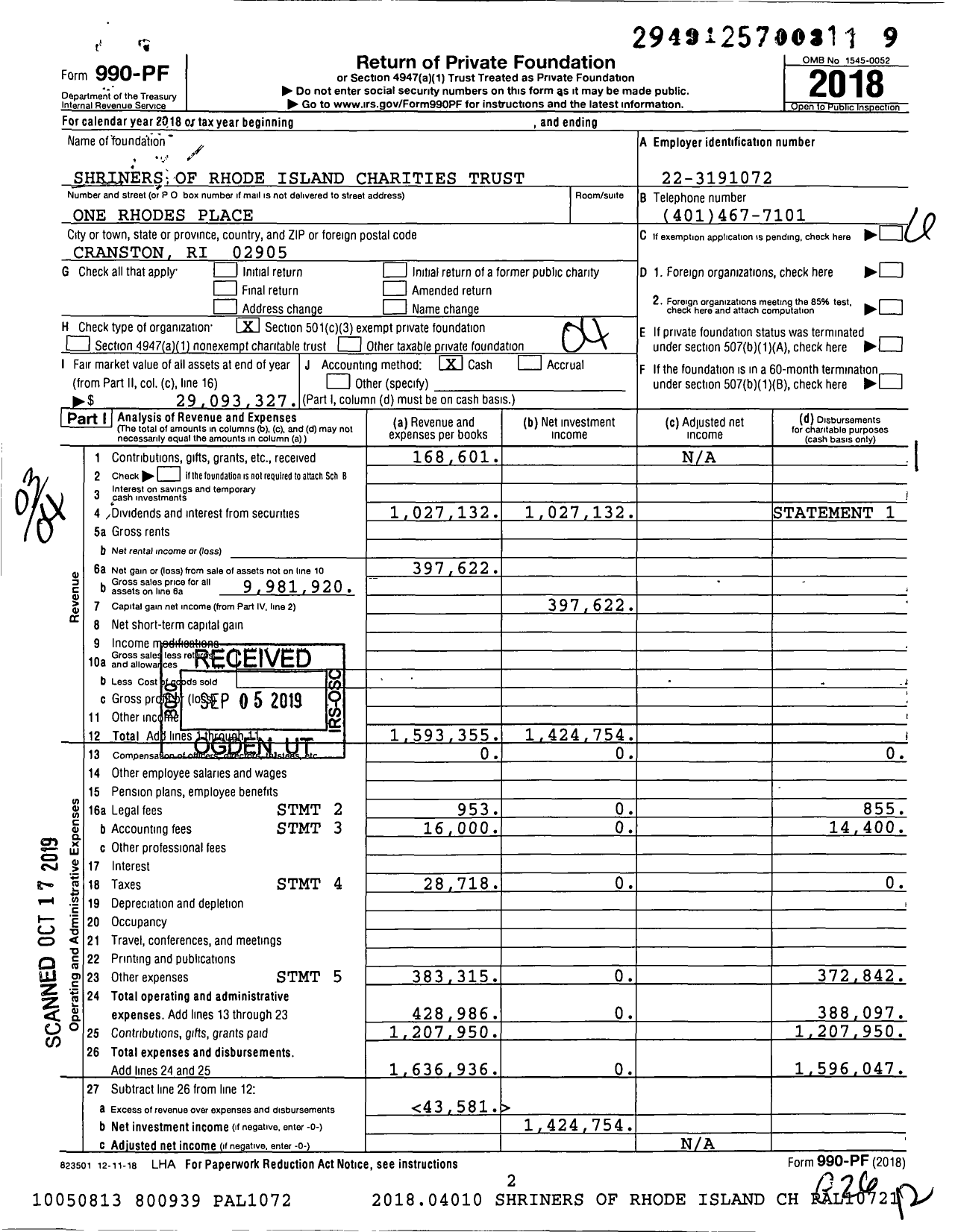 Image of first page of 2018 Form 990PF for Shriners of Rhode Island Charities Trust