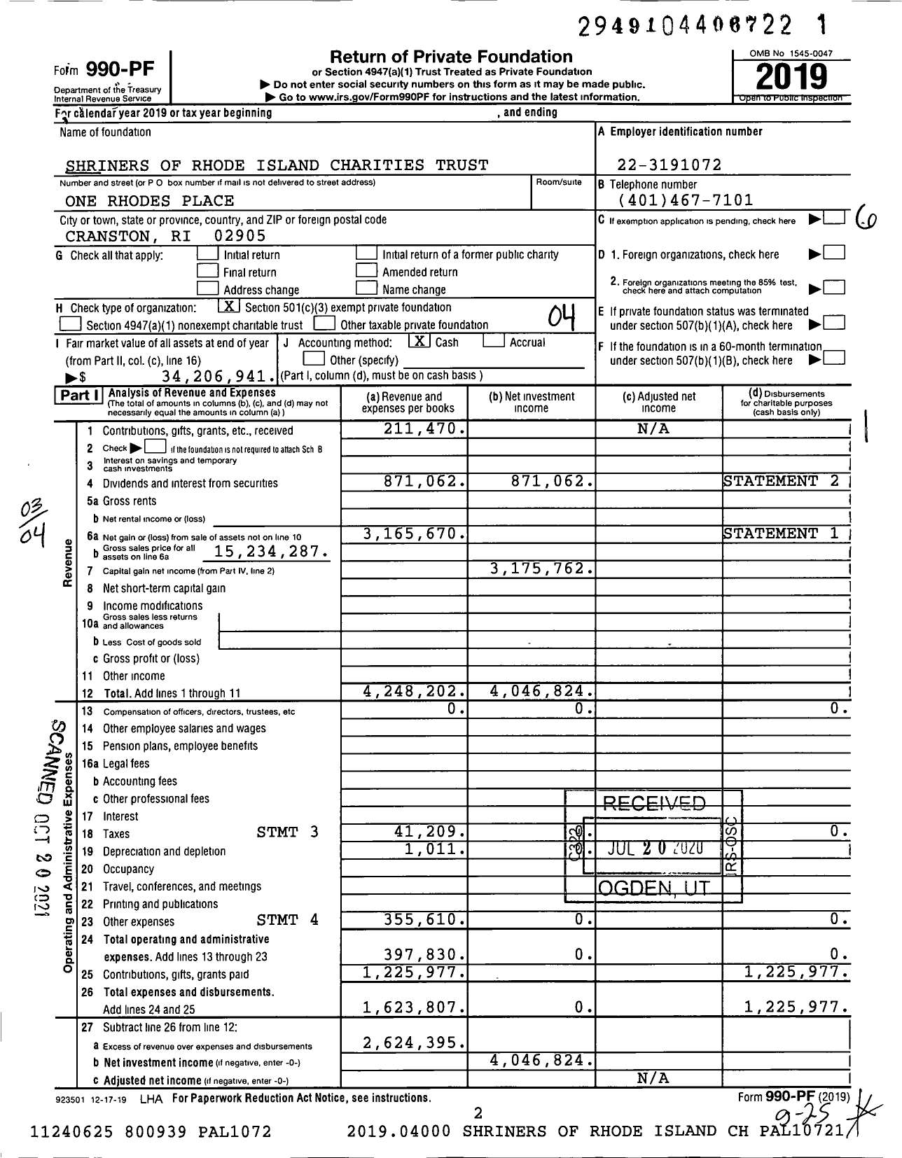 Image of first page of 2019 Form 990PF for Shriners of Rhode Island Charities Trust