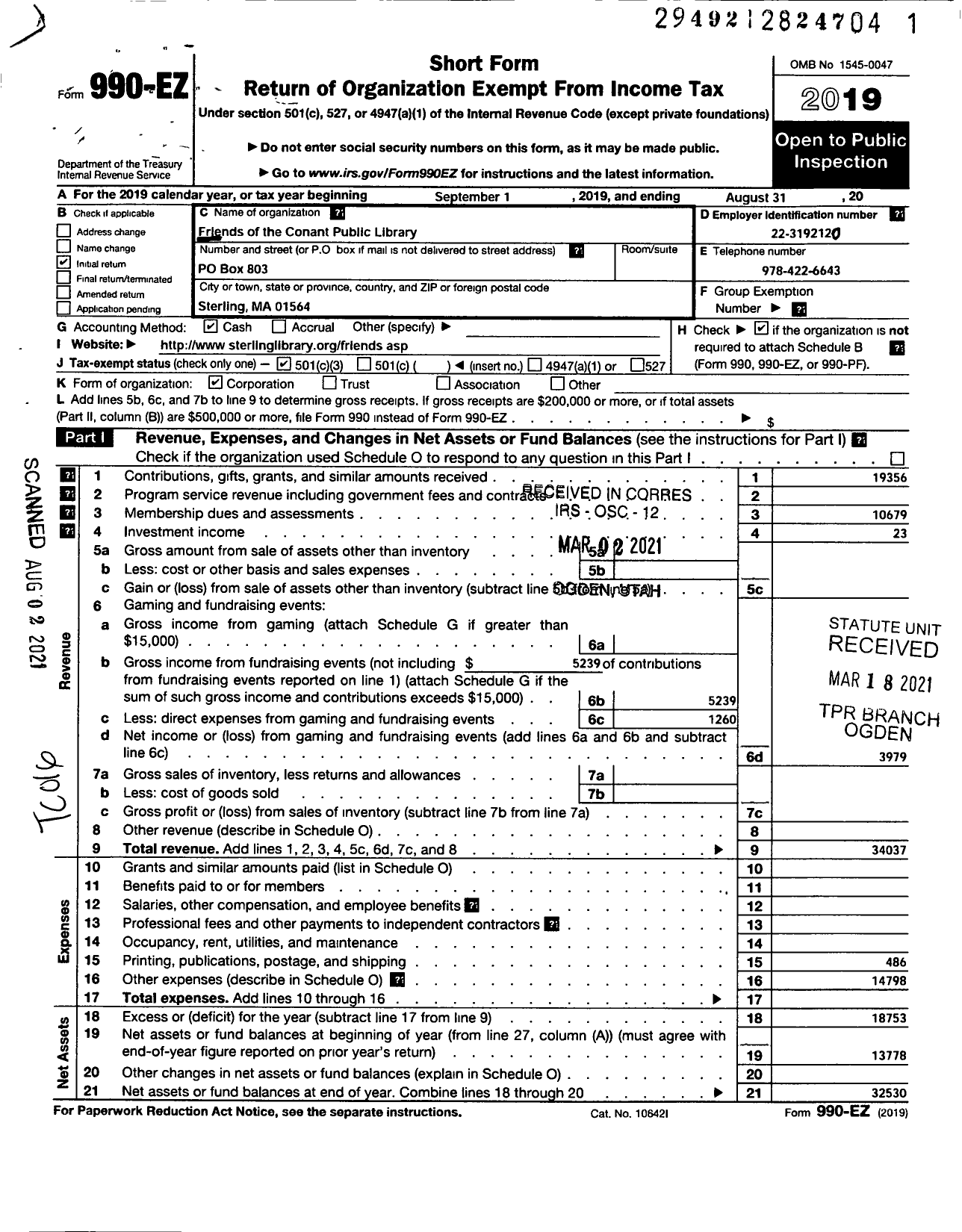 Image of first page of 2019 Form 990EZ for Friends of the Conant Public Library