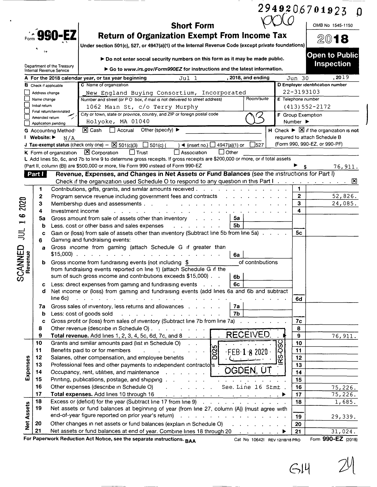 Image of first page of 2018 Form 990EZ for New England Buying Consortium Incorporated